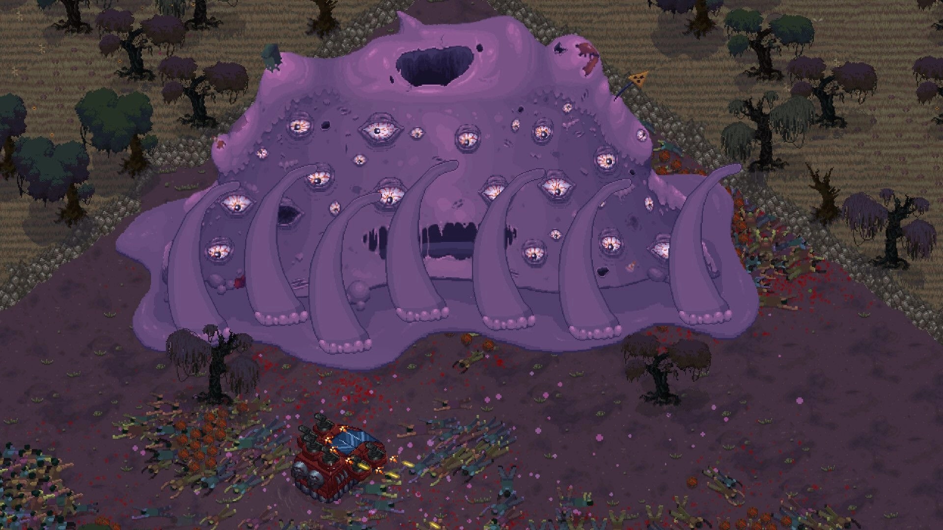 SCAD: Player faces giant purple tentacled monster with many eyes in a desolate, tree-filled landscape.