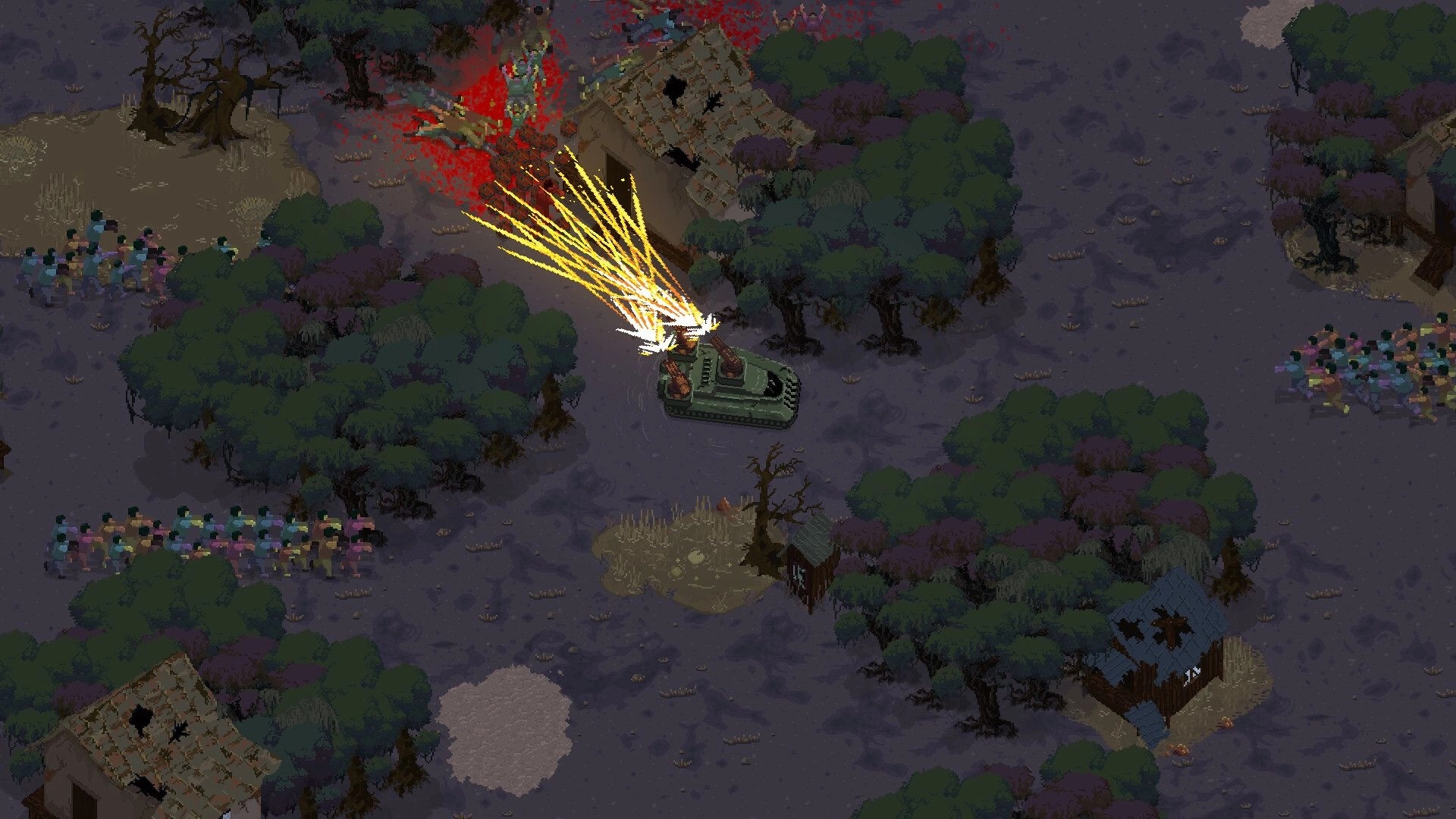 SCAD: Tank firing at zombies near ruined buildings in a forested, post-apocalyptic landscape