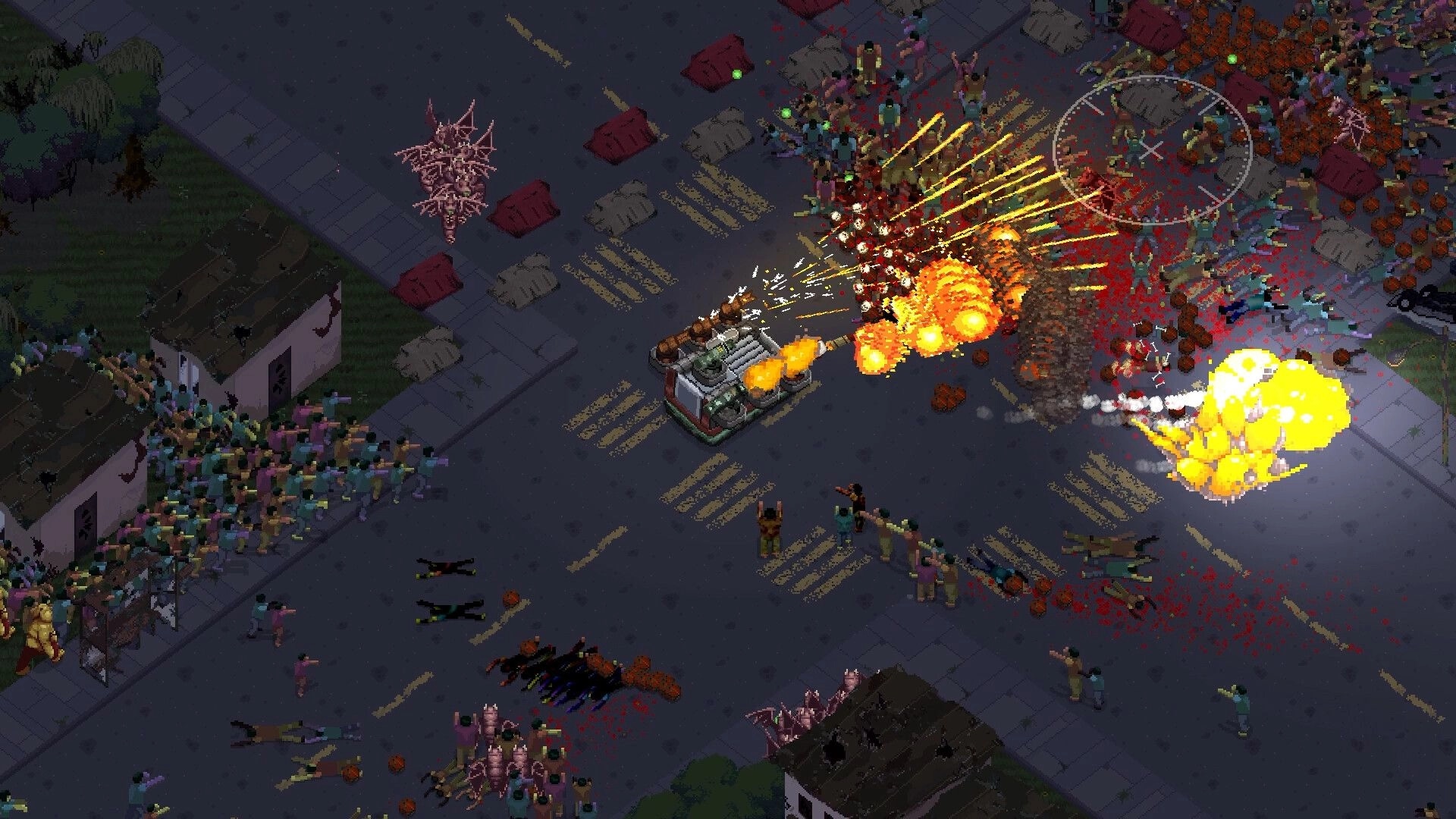 SCAD: Armored vehicle battling zombie hordes on a city street with explosions and debris everywhere.