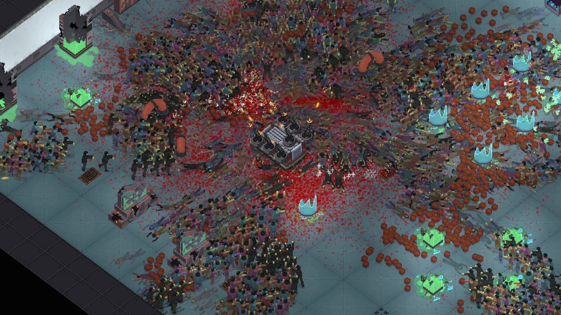 SCAD: Central turret firing at massive zombie horde in industrial complex with scattered power-ups visible.