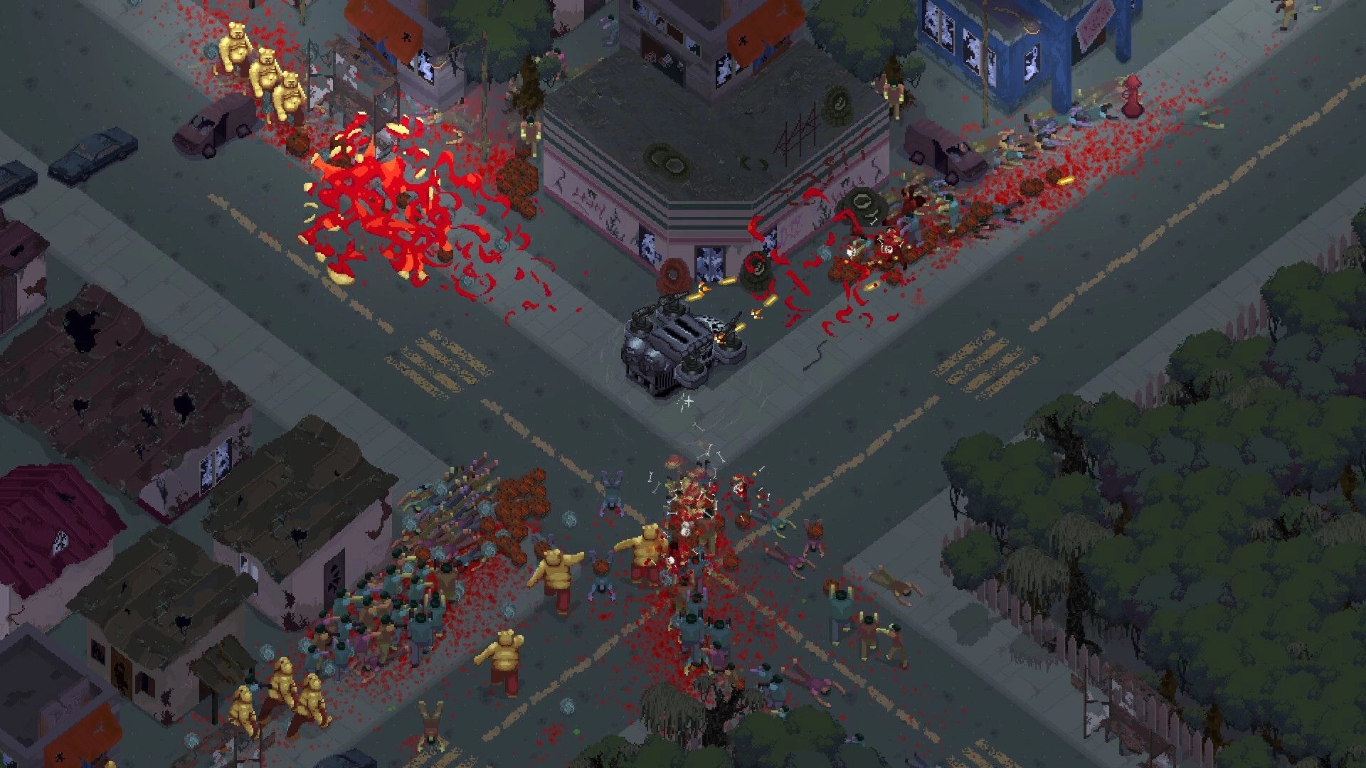 SCAD: Armored vehicle battles zombie horde at city intersection, with debris and blood splatters visible.