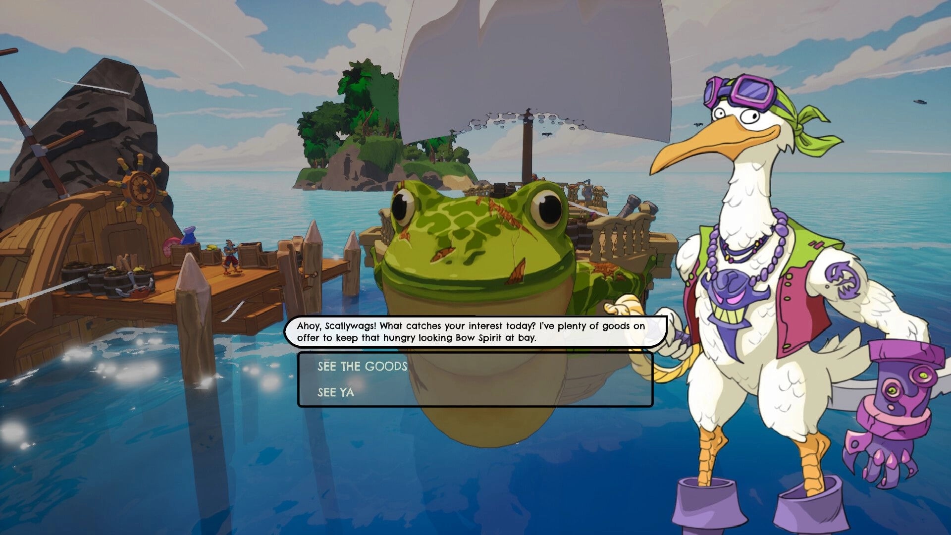 Scallywags: Bird merchant dialogue with “See the goods” options on a dock beside a giant frog spirit.