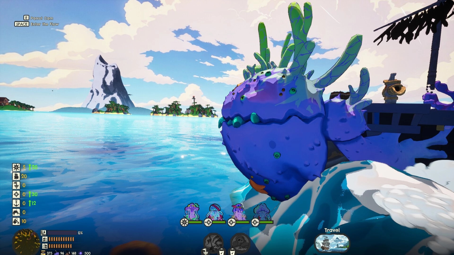 Scallywags: Sailing past a huge blue sea monster beside the ship with travel HUD and crew icons over ocean islands.