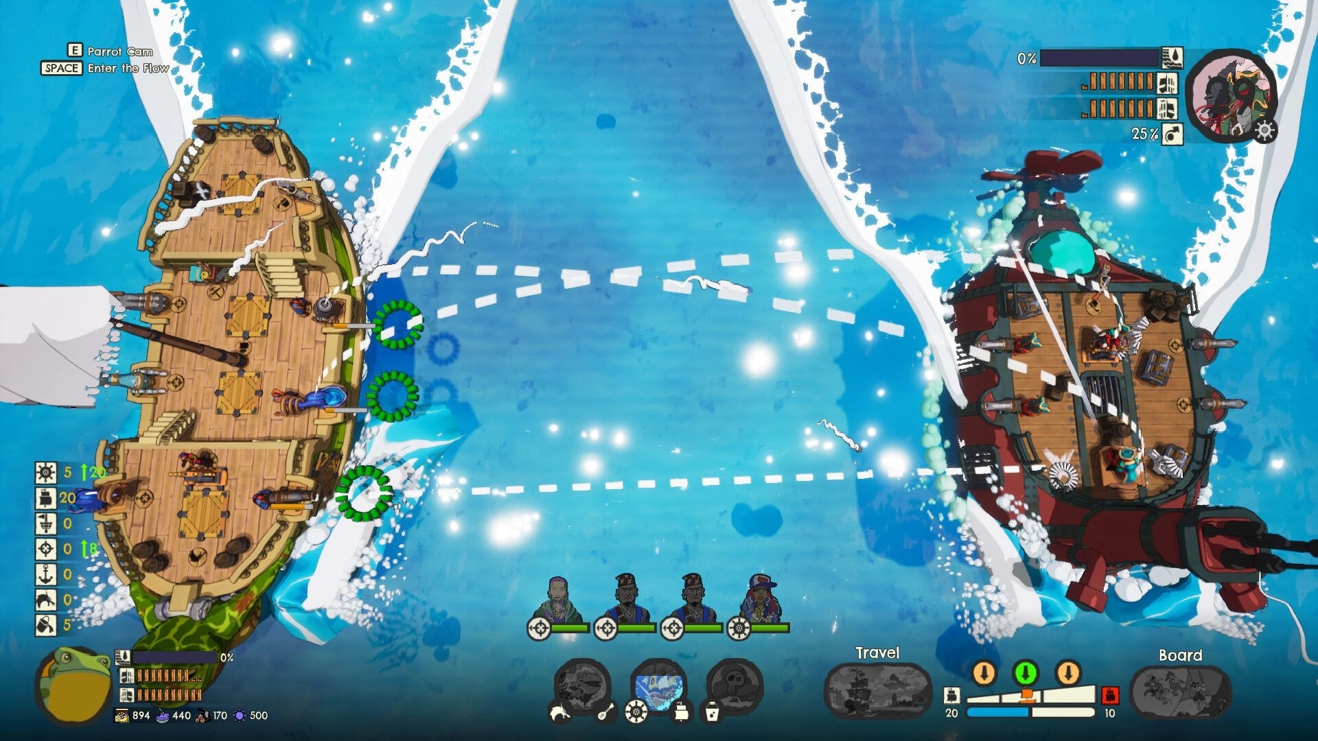 Scallywags: Two ships navigate icy blue waters with dotted path, crew portraits and Travel/Board UI icons.