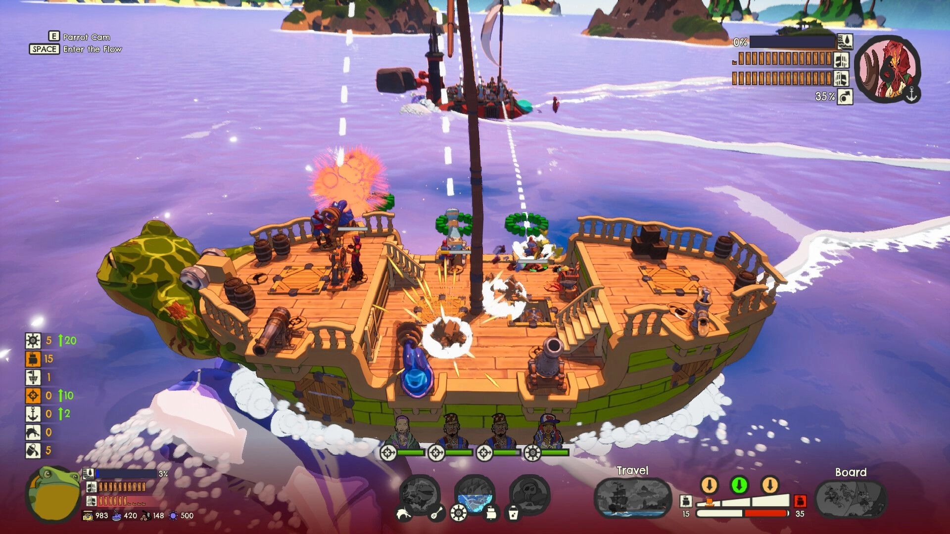 Scallywags: Pirate crew battles on ship deck with cannon blasts, aiming lines, and travel UI at sea.