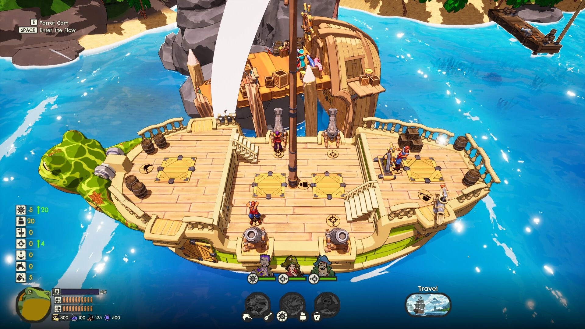 Scallywags: Overhead ship deck view with crew at stations, cannons and travel UI on bright sea.