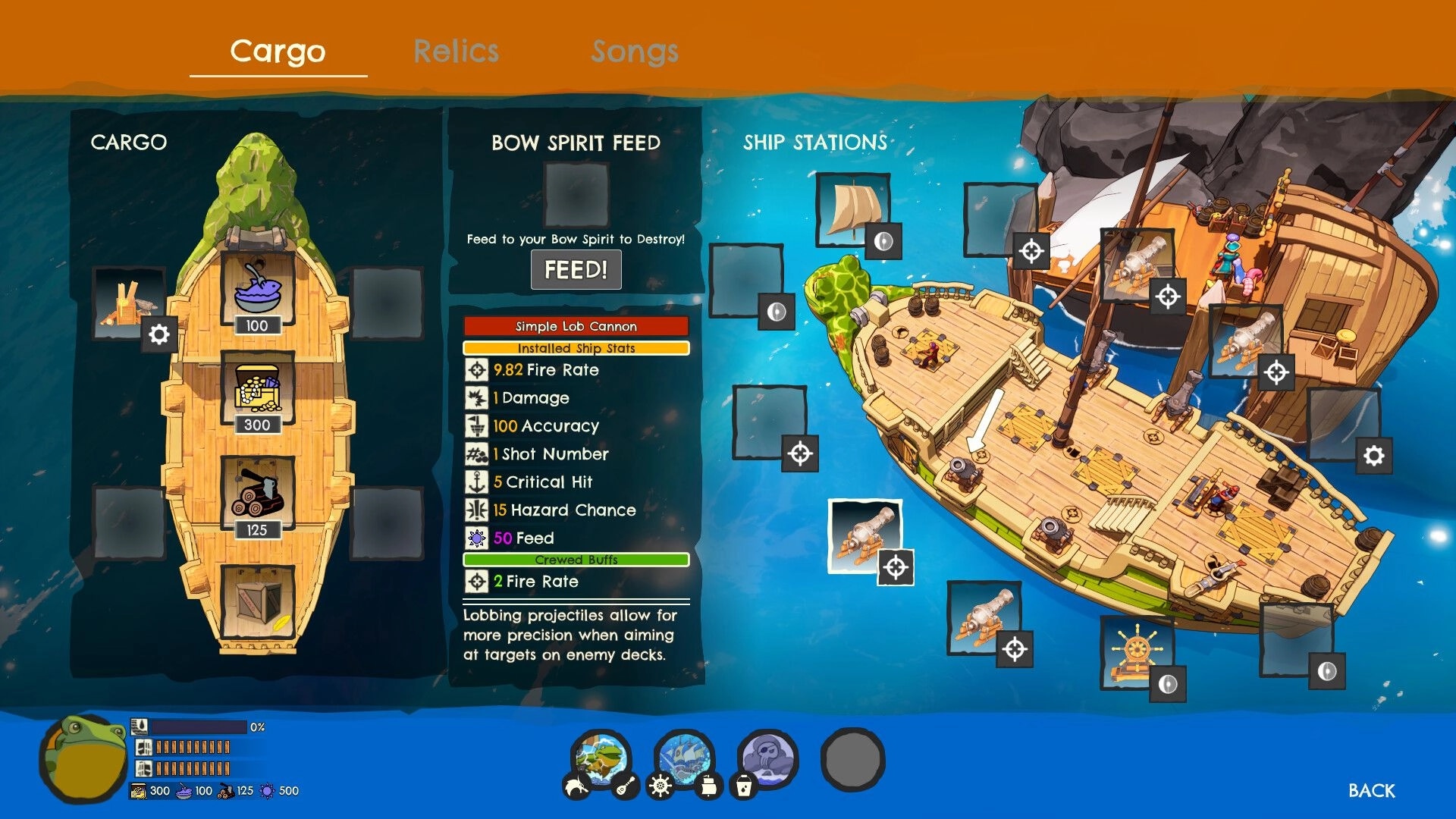Scallywags: Cargo and ship stations management screen with cannons and crew on a docked ship deck.