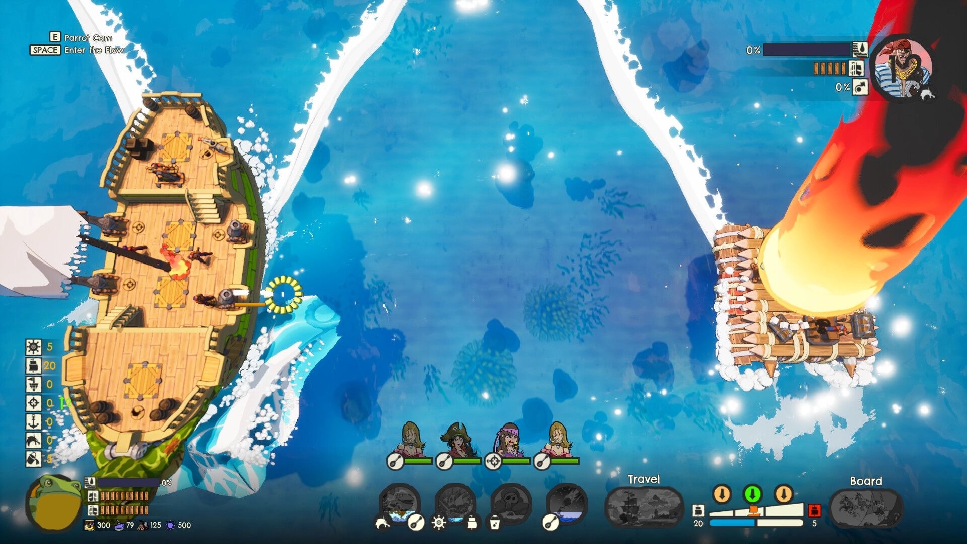 Scallywags: Top-down ship sailing near a raft on blue sea, crew portraits and travel/board UI visible.