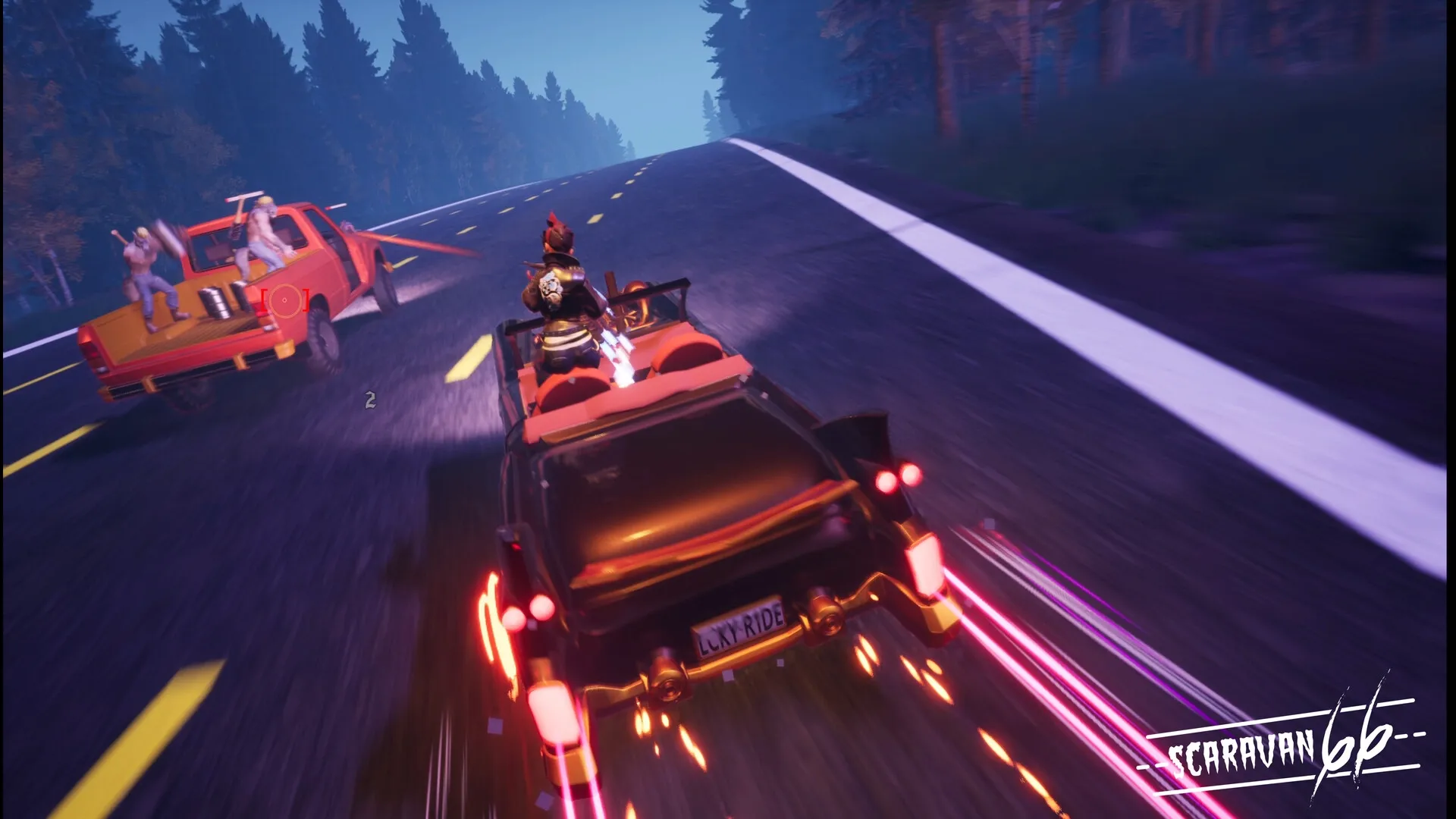 Scaravan 66: High-speed chase with armed characters on forest highway at dawn