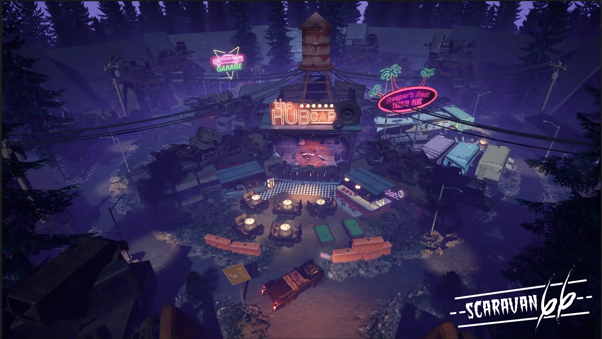 Scaravan 66: Overhead view of the Hubcap diner with neon signs and parked cars in a forest setting