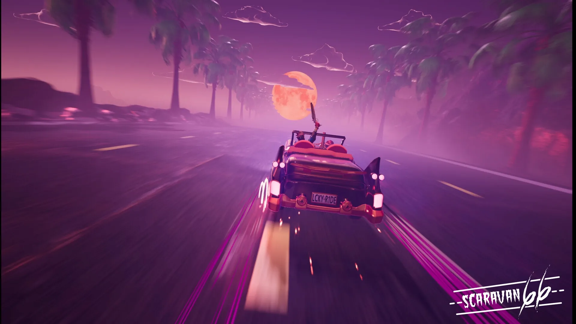 Scaravan 66: Car speeds down misty highway under full moon, flames trailing from exhaust in purple haze