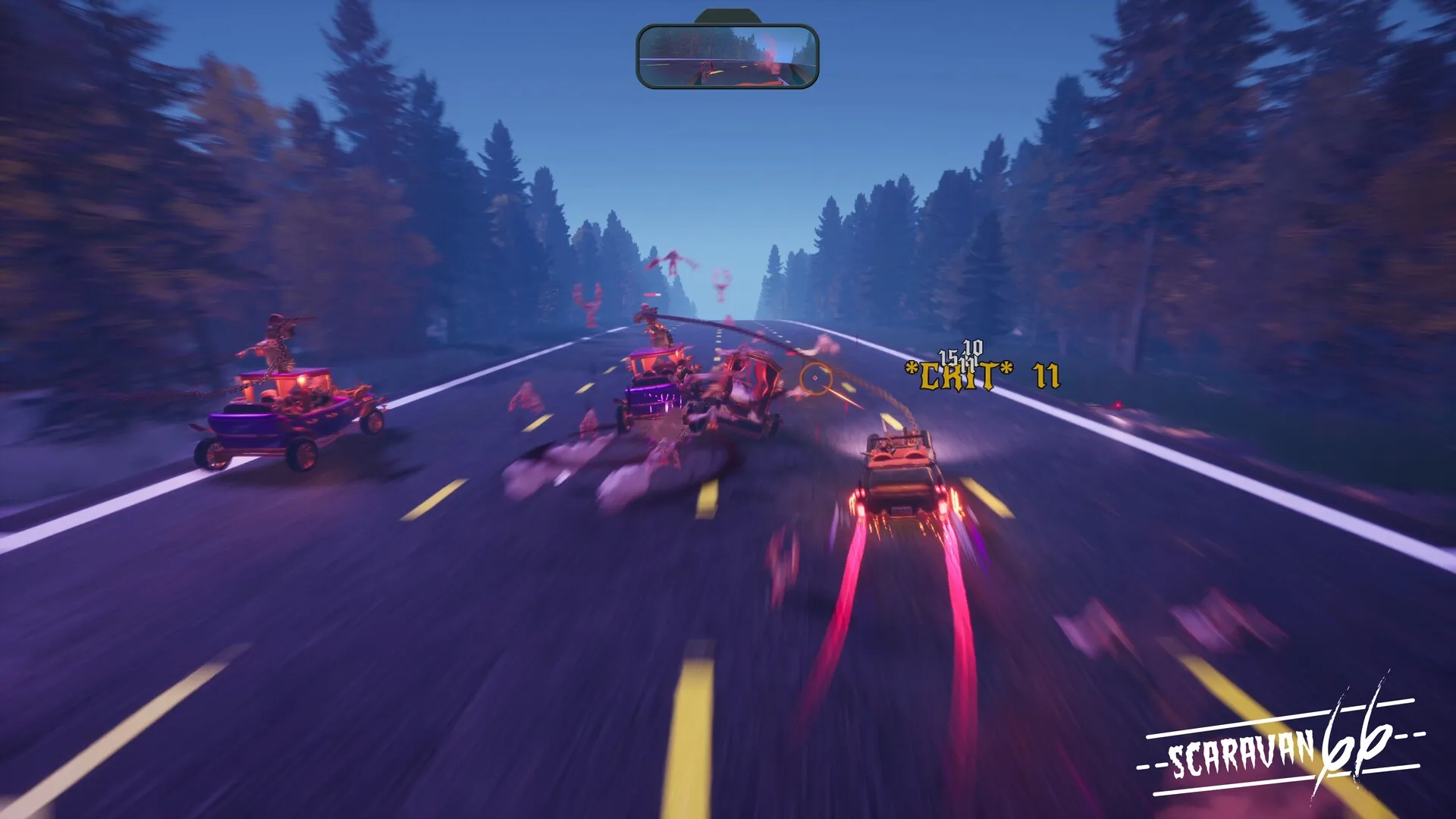 Scaravan 66: Intense car combat on a forest highway with fiery trails and critical hit indicators visible