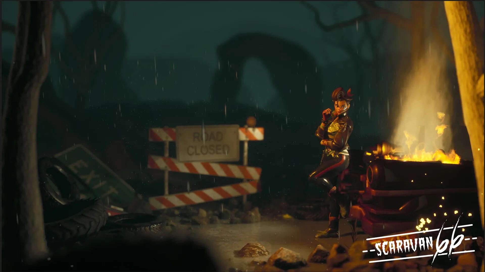 Scaravan 66: Character by a burning car near a "Road Closed" sign in a dark, rainy forest setting.