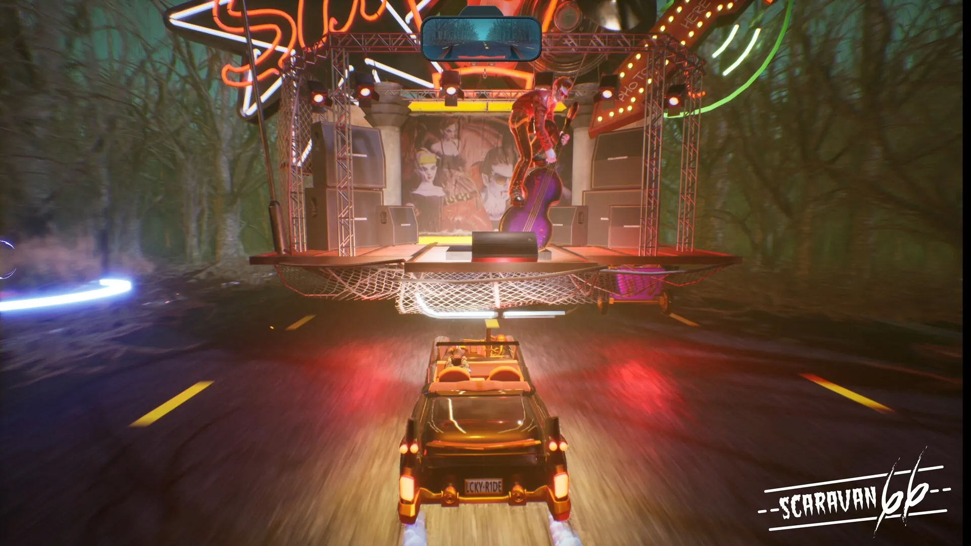 Scaravan 66: Car chase under neon-lit stage with devilish character playing a double bass in dark forest