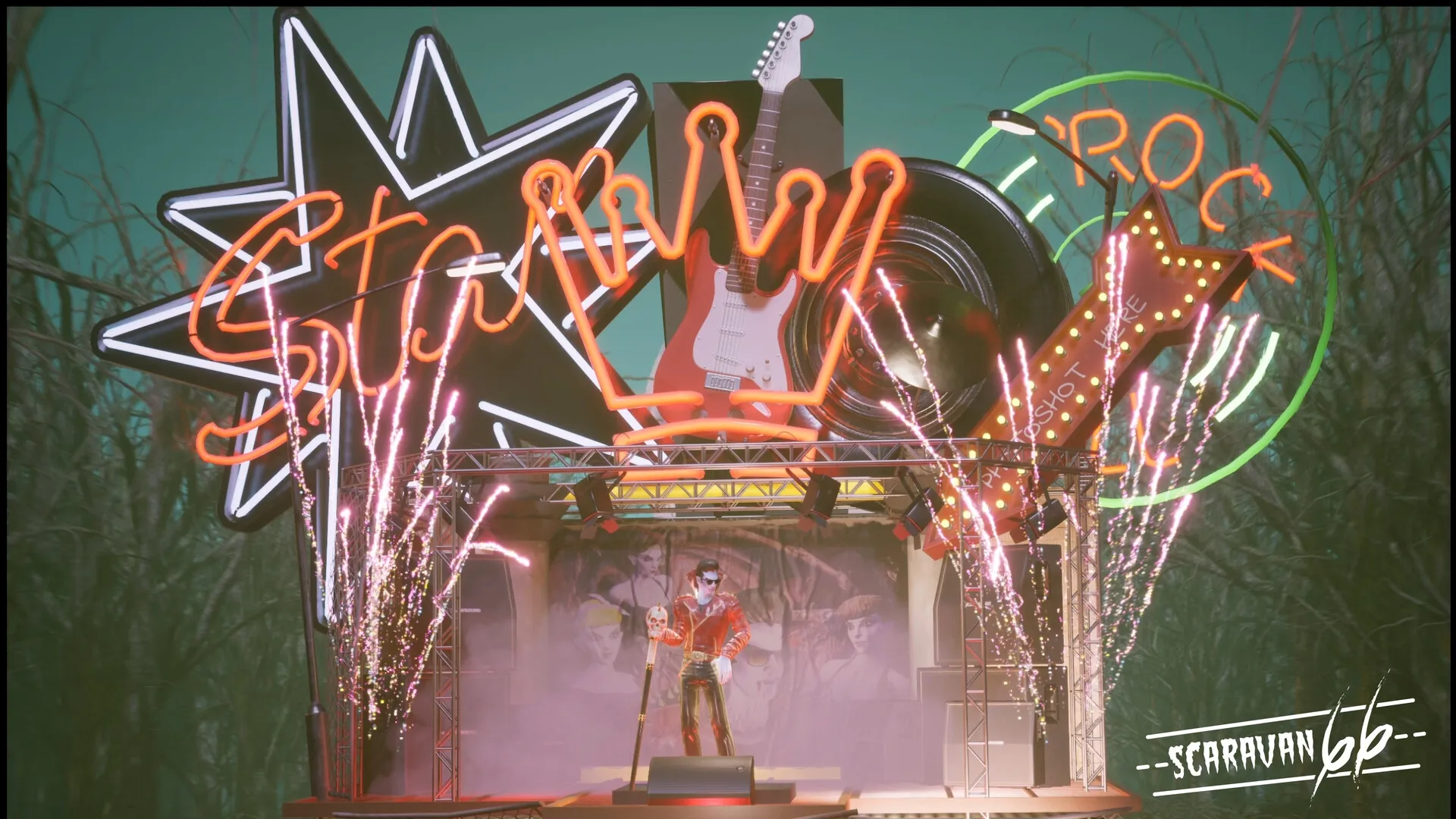 Scaravan 66: Rockstar character on neon-lit stage with fireworks in forest environment