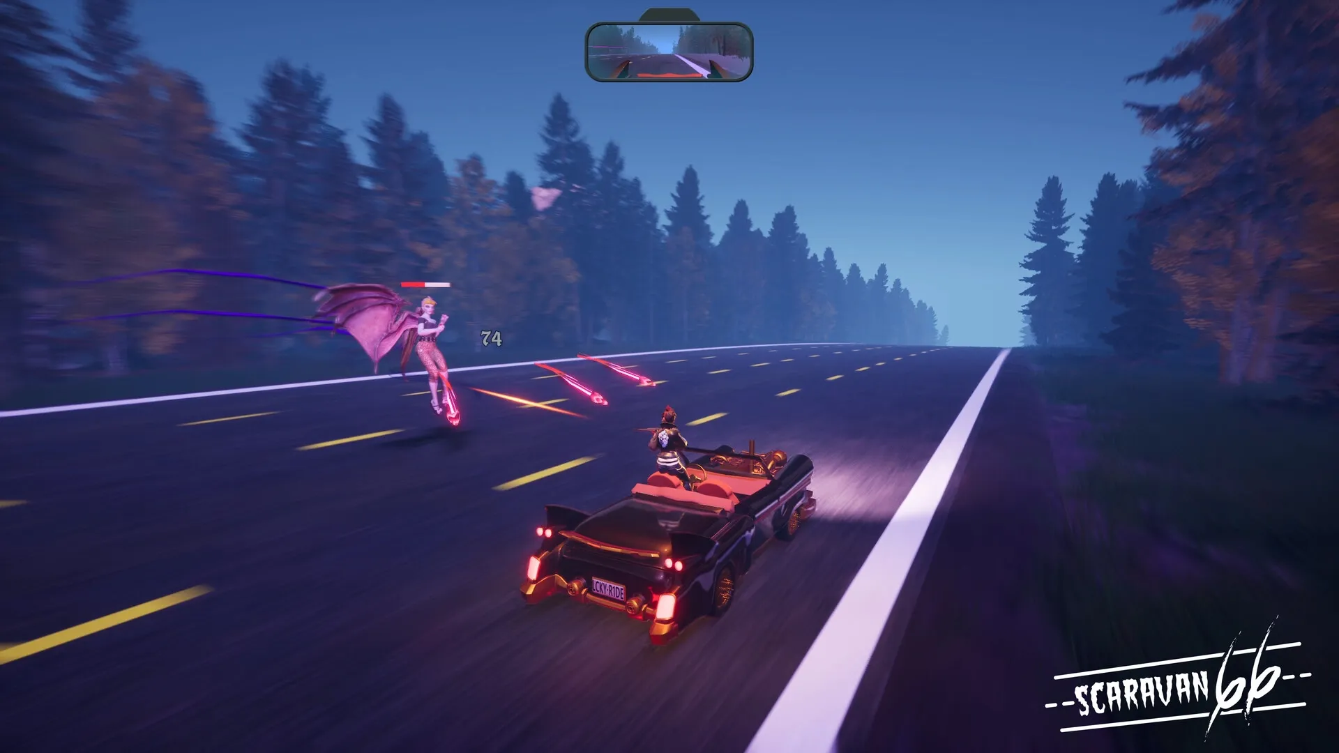Scaravan 66: High-speed car combat with demon enemy on highway surrounded by dense forest.