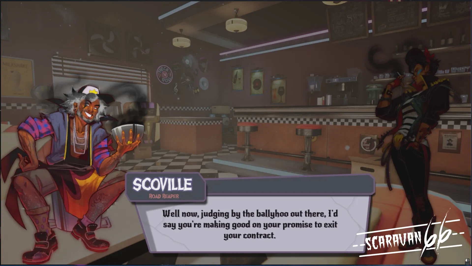 Scaravan 66: Scoville, the Road Reaper, converses in a retro diner with a neon-lit rock 'n roll theme.