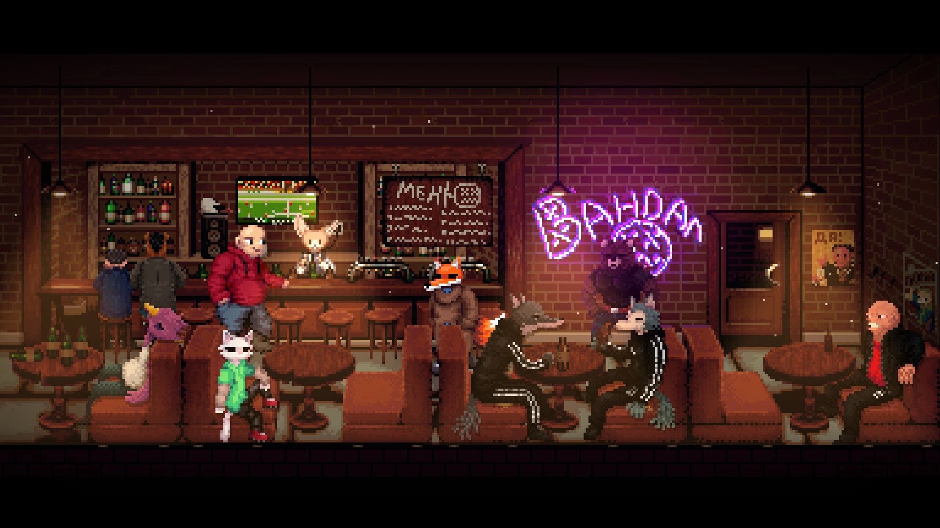 Scarecrow: Characters in a lively bar setting with neon signs, menu board, and background patrons.