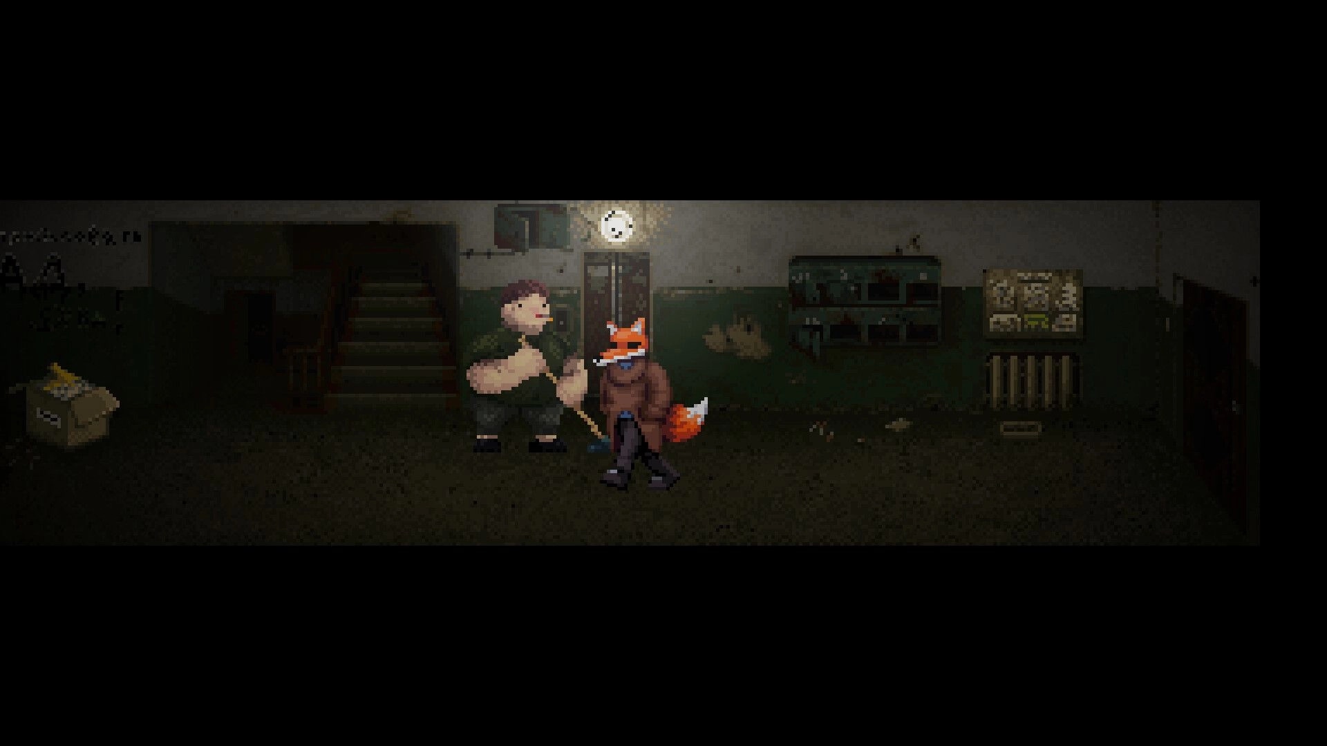 Scarecrow: Fox-masked character confronts a large man in a dimly lit basement with peeling walls.