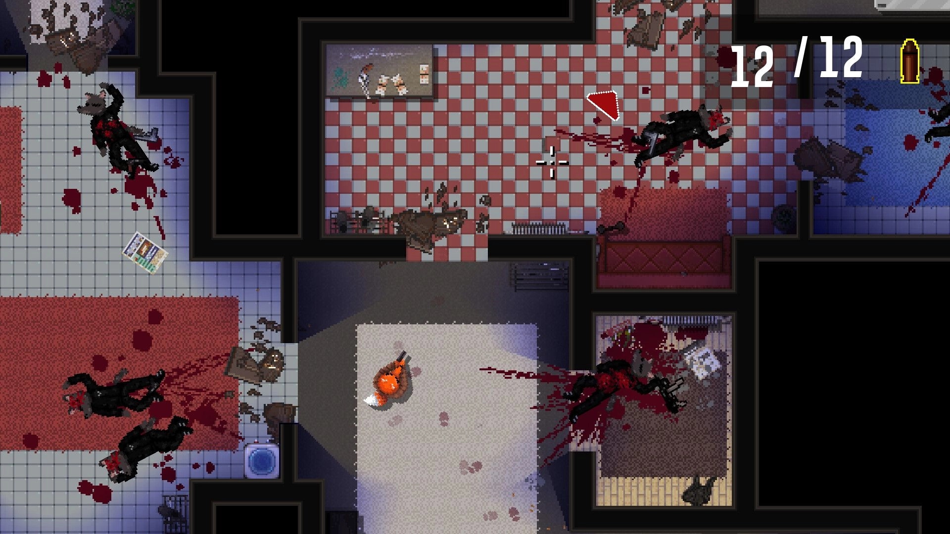 Scarecrow: Player character in blood-splattered room with 12/12 ammo UI visible