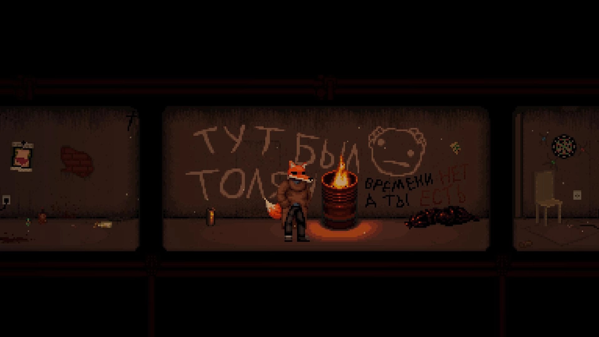 Scarecrow: Character in fox mask stands by burning barrel in dimly lit alley with graffiti-covered walls