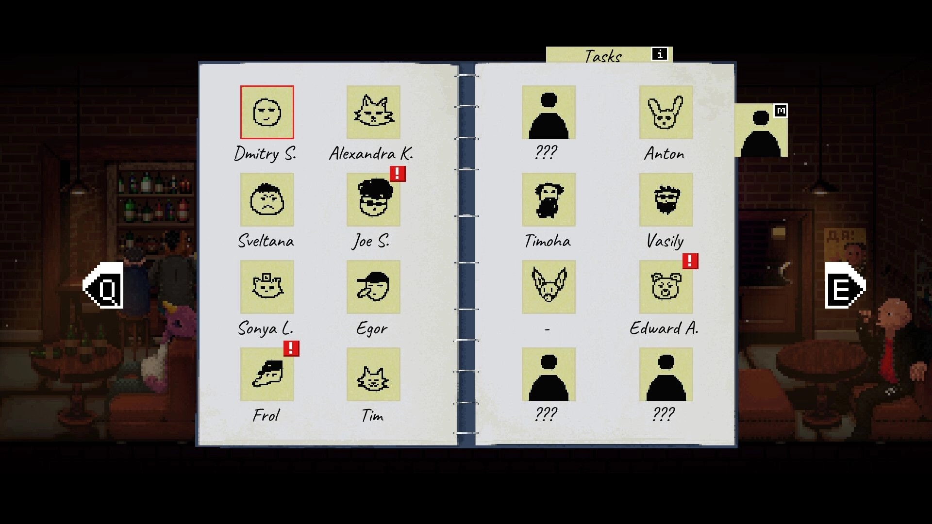 Scarecrow: Character task list displayed in bar setting with icons and names, highlighting Joe S. and Edward A.