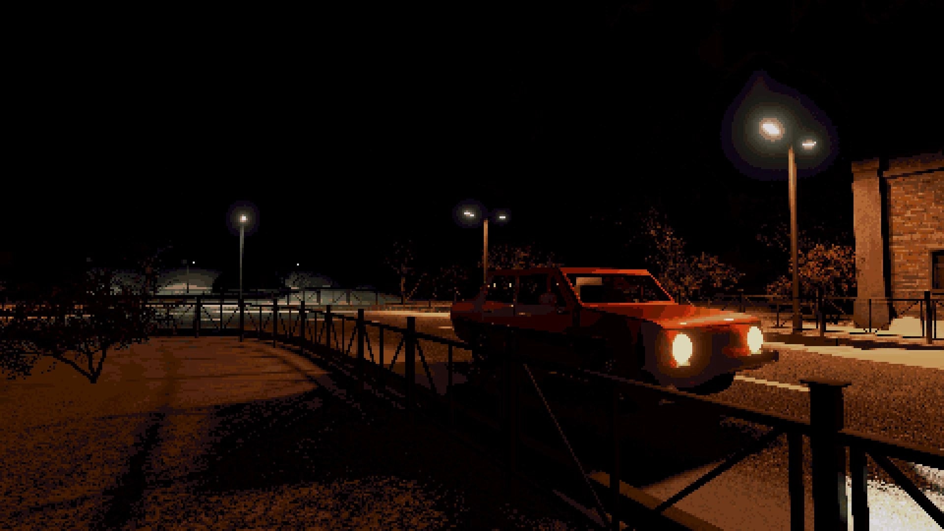 Scarecrow: Red car with headlights on parked by a dimly lit street at night with lamp posts nearby