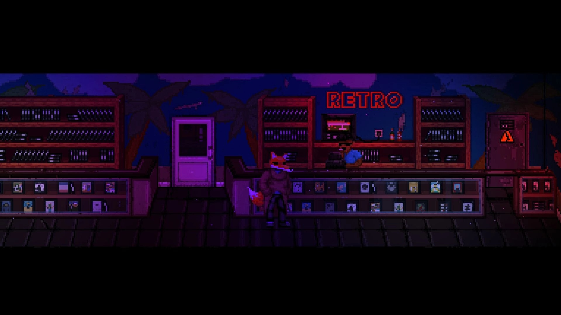 Scarecrow: Character in fox mask stands by a retro store counter with shelves of items and neon sign.