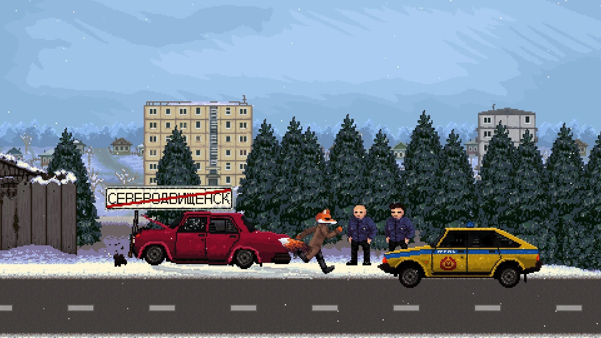 Scarecrow: Fox-headed character runs past crashed cars and policemen on snowy city street.
