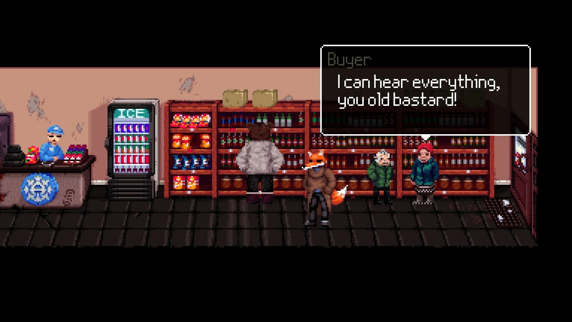 Scarecrow: Conversation in a convenience store with characters near shelves and a dialogue box visible.
