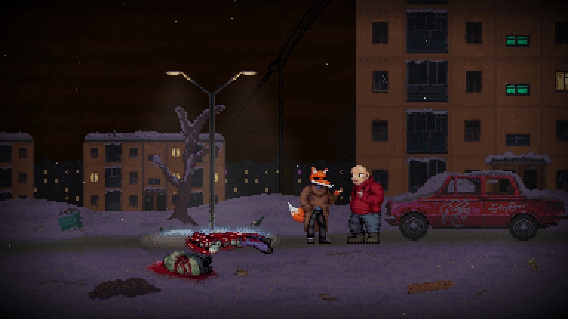 Scarecrow: Two characters conversing beside a bloody body and a graffiti-covered car in a snowy urban street.