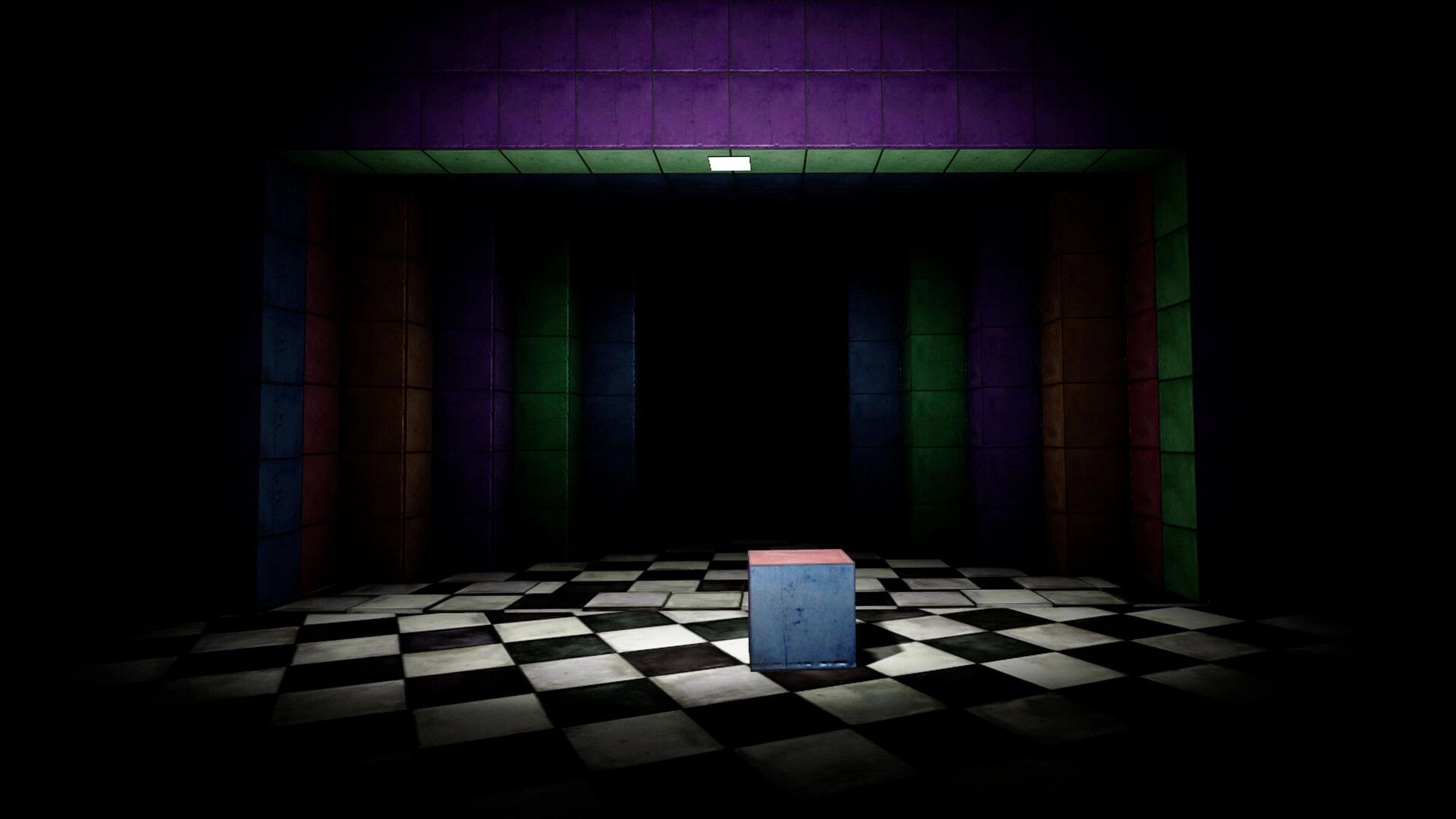 Scared by Squares: A lone cube rests on a checkered floor in a dark, colorful tiled hallway.