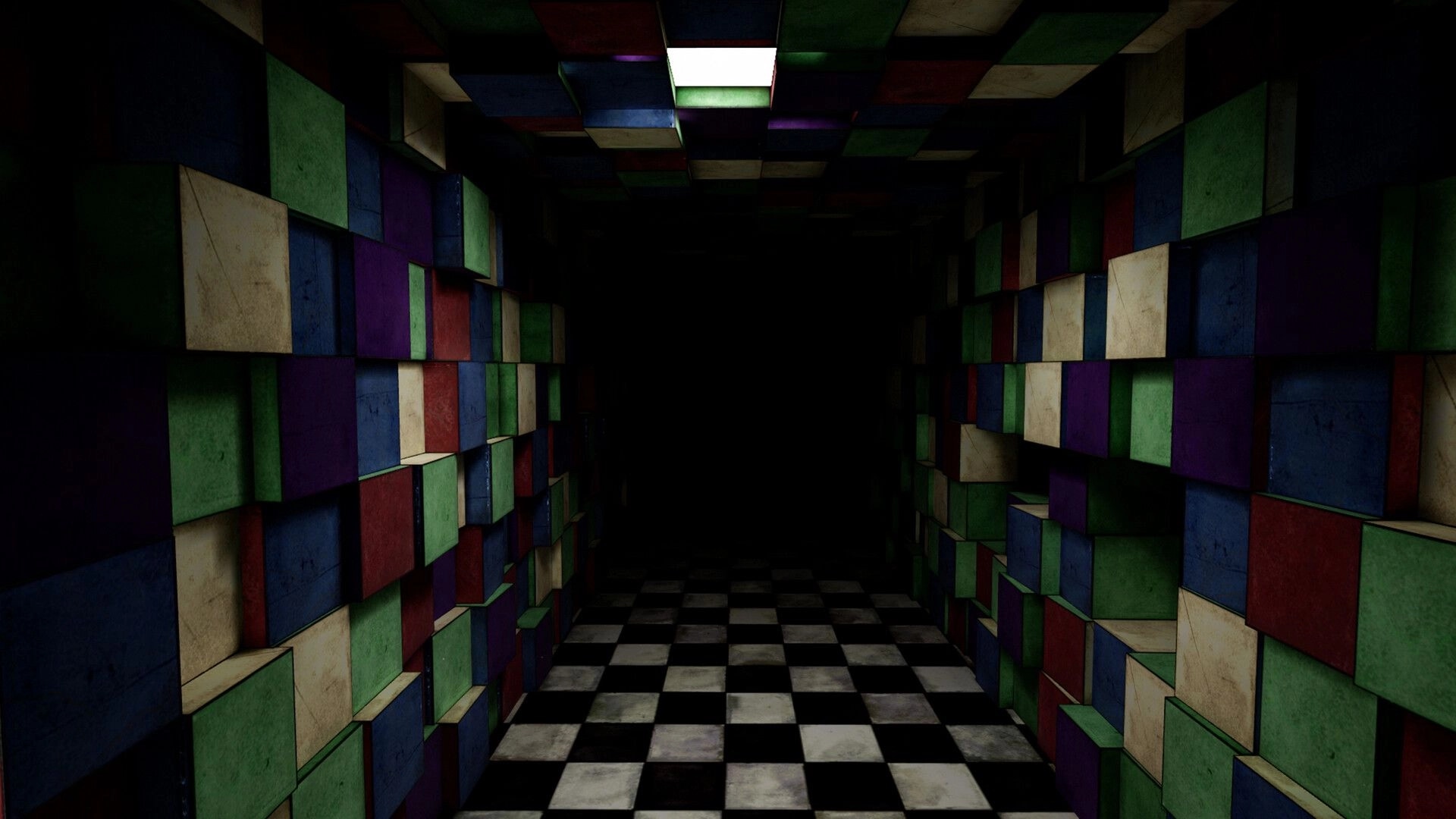 Scared by Squares: Dark corridor with colorful cube walls and checkered floor, leading into shadowy void.