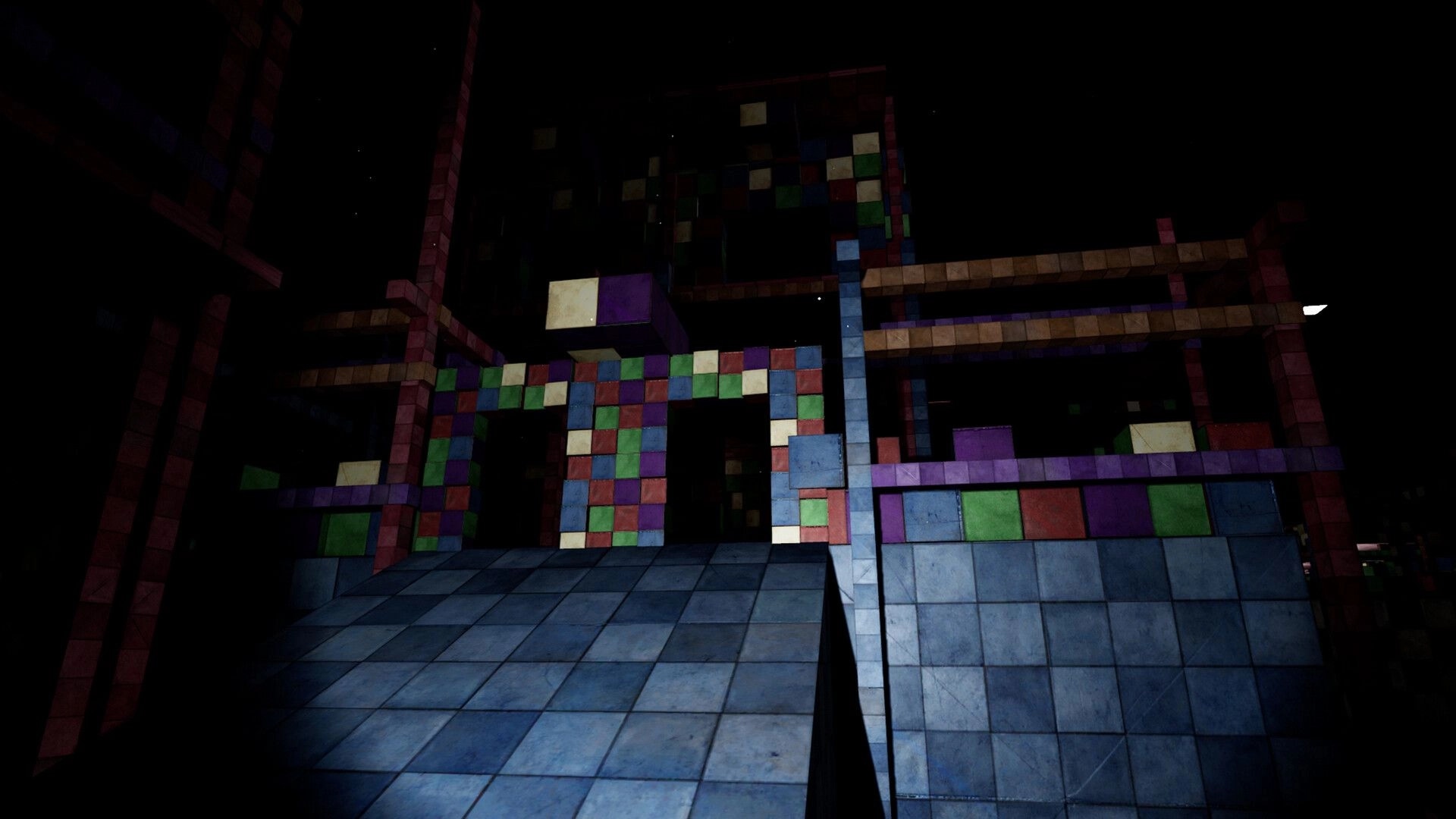 Scared by Squares: Dimly lit corridor with colorful cube patterns leading into shadowy openings
