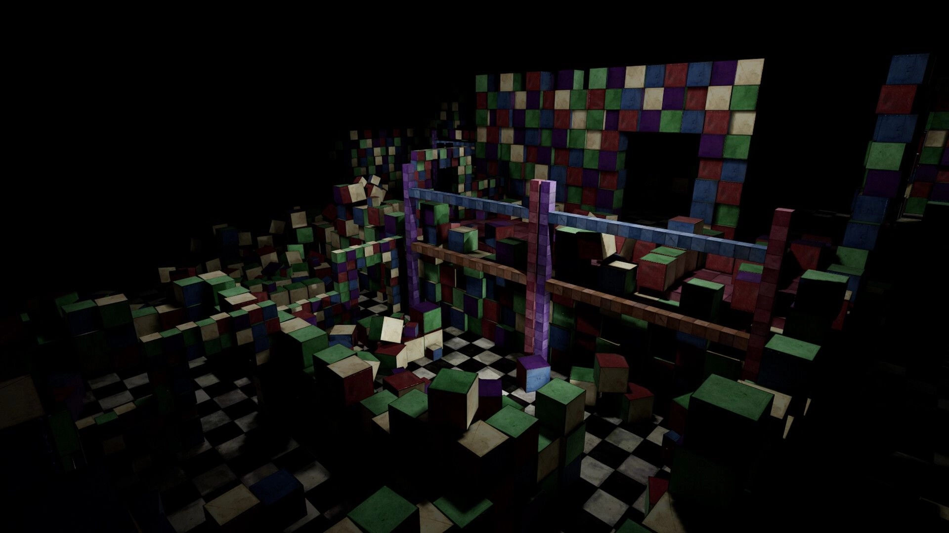 Scared by Squares: Colorful cube-laden room with checkerboard floor in a dimly lit, eerie environment.