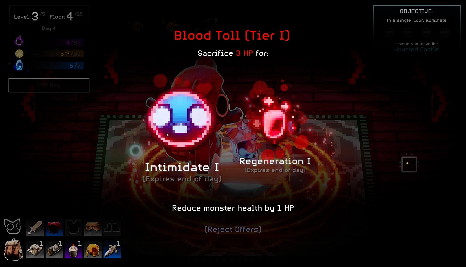 Scaredy Cats: Blood Toll offer menu sacrificing 3 HP for Intimidate I or Regeneration I buffs.