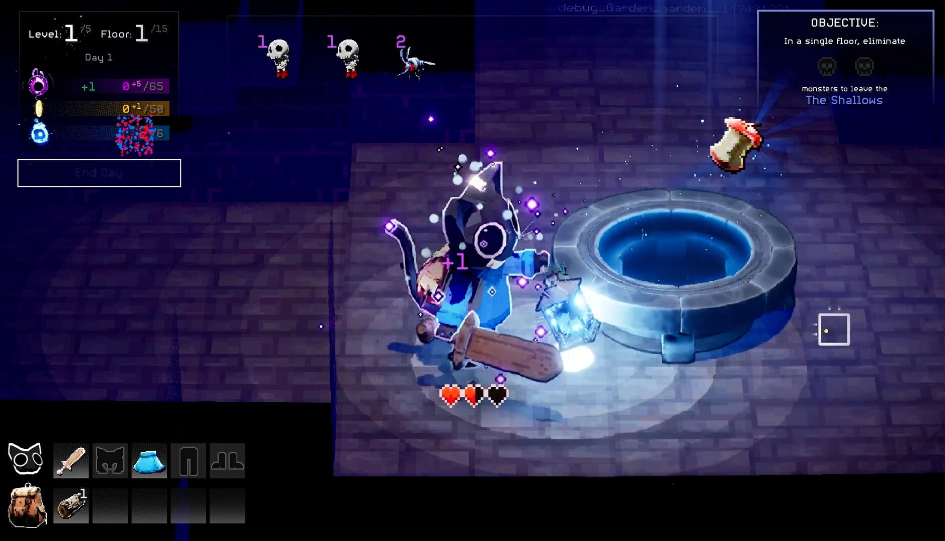 Scaredy Cats: Cat adventurer by a glowing dungeon well with inventory bar and objective panel visible.