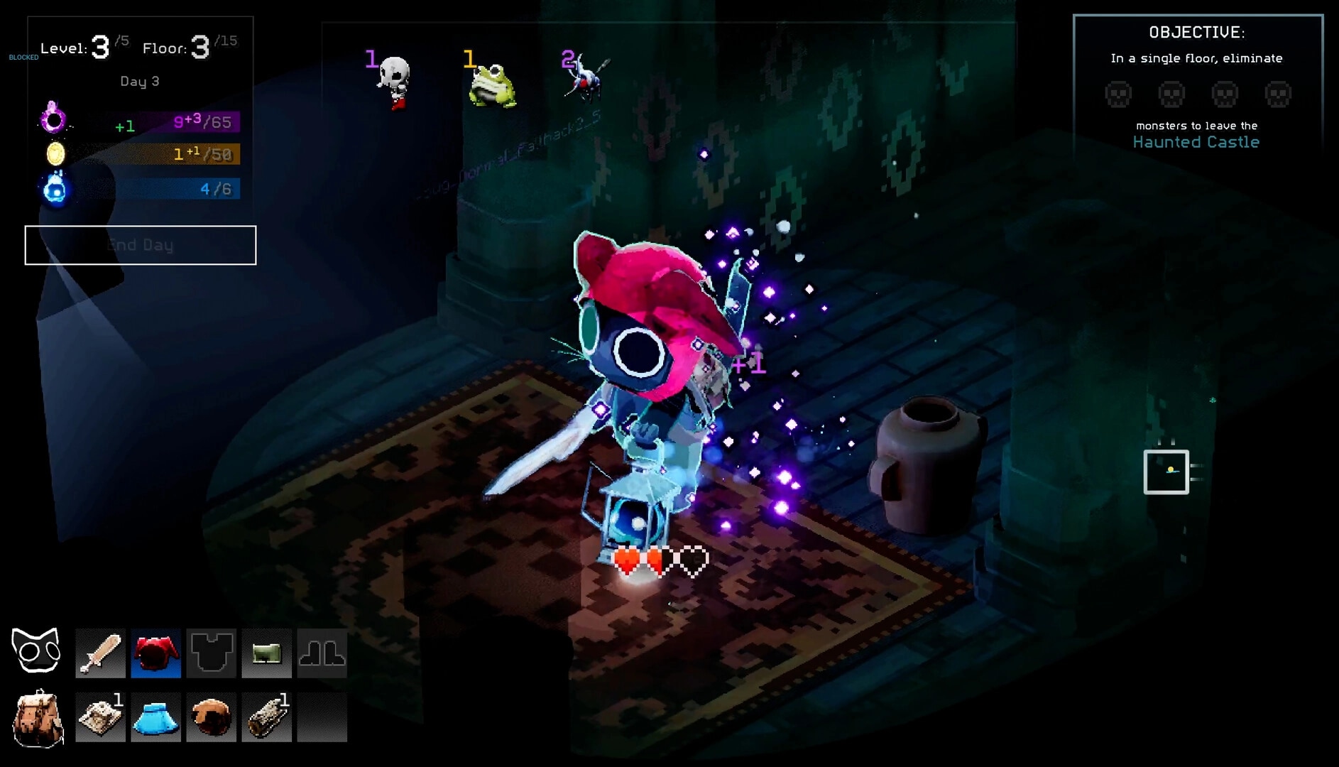 Scaredy Cats: Cat adventurer gains +1 loot in a dim dungeon room with objective and inventory UI.