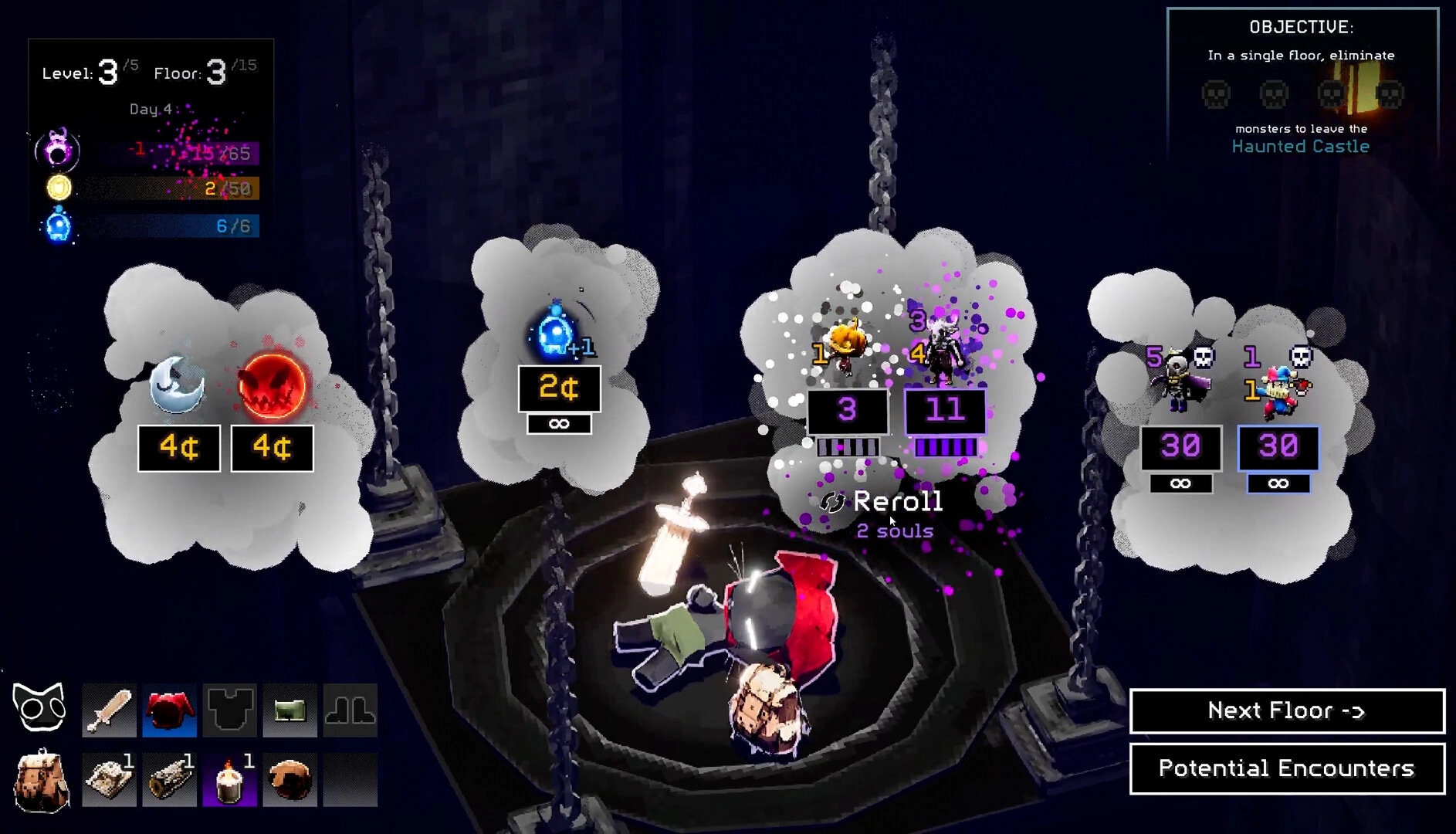 Scaredy Cats: Reroll encounter selection with enemy icons and loot clouds in a dark dungeon hub.