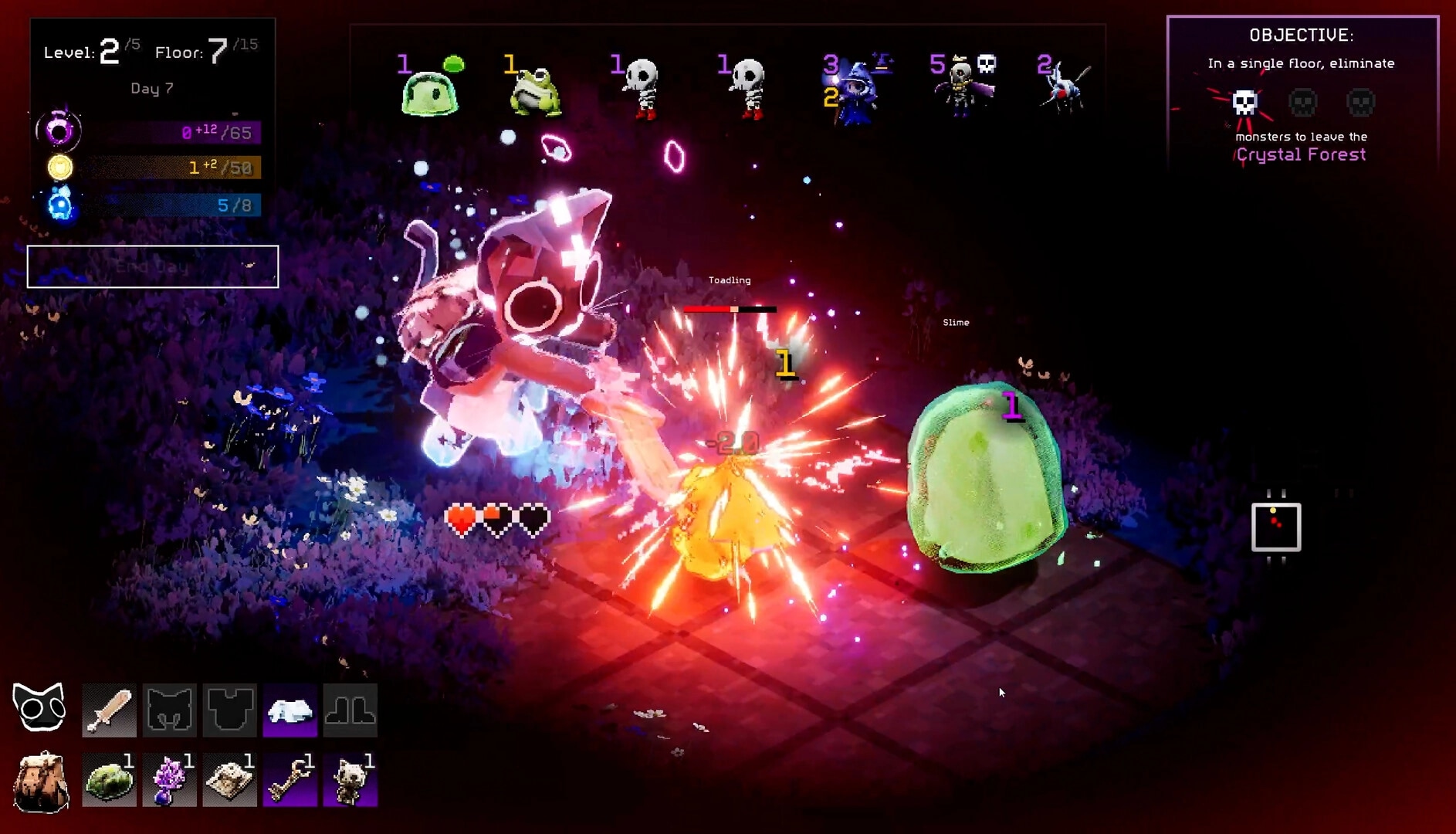 Scaredy Cats: Cat hero strikes a Toadling in Crystal Forest combat, with slime and objective HUD visible.