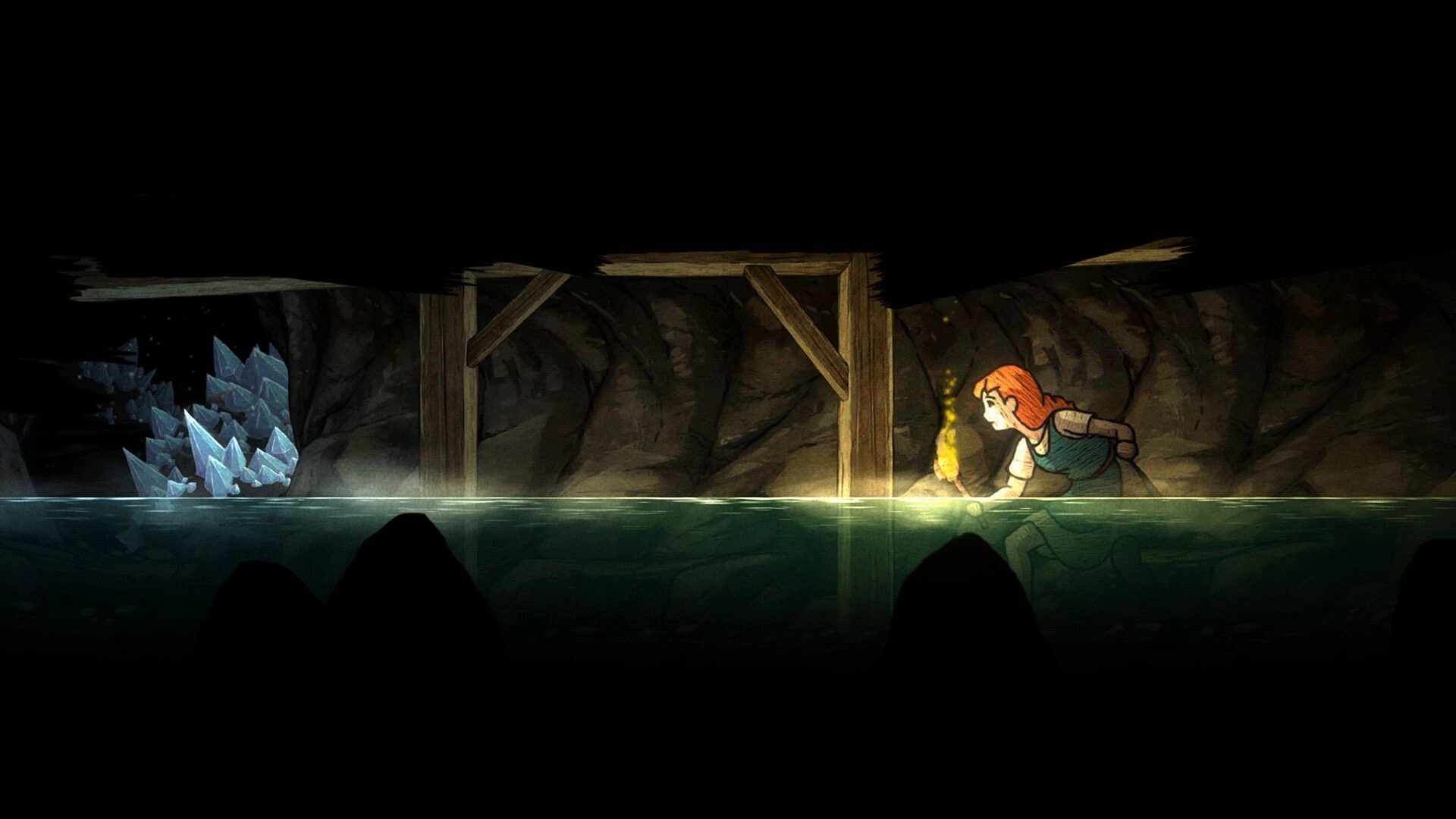 Scarlet Deer Inn: Protagonist explores a dark cave with a torch, reflecting in water near crystal formations