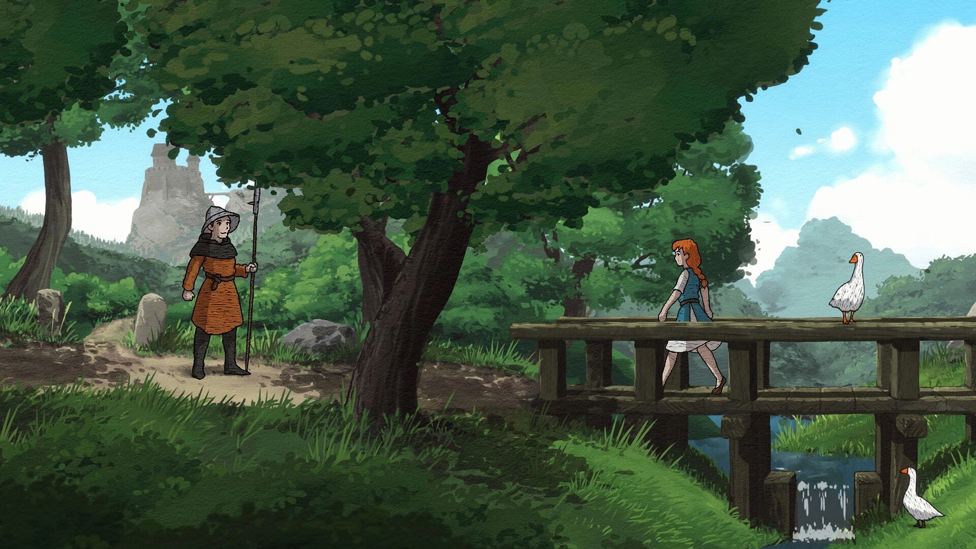 Scarlet Deer Inn: Character walks across wooden bridge with geese in lush forest setting with distant tower