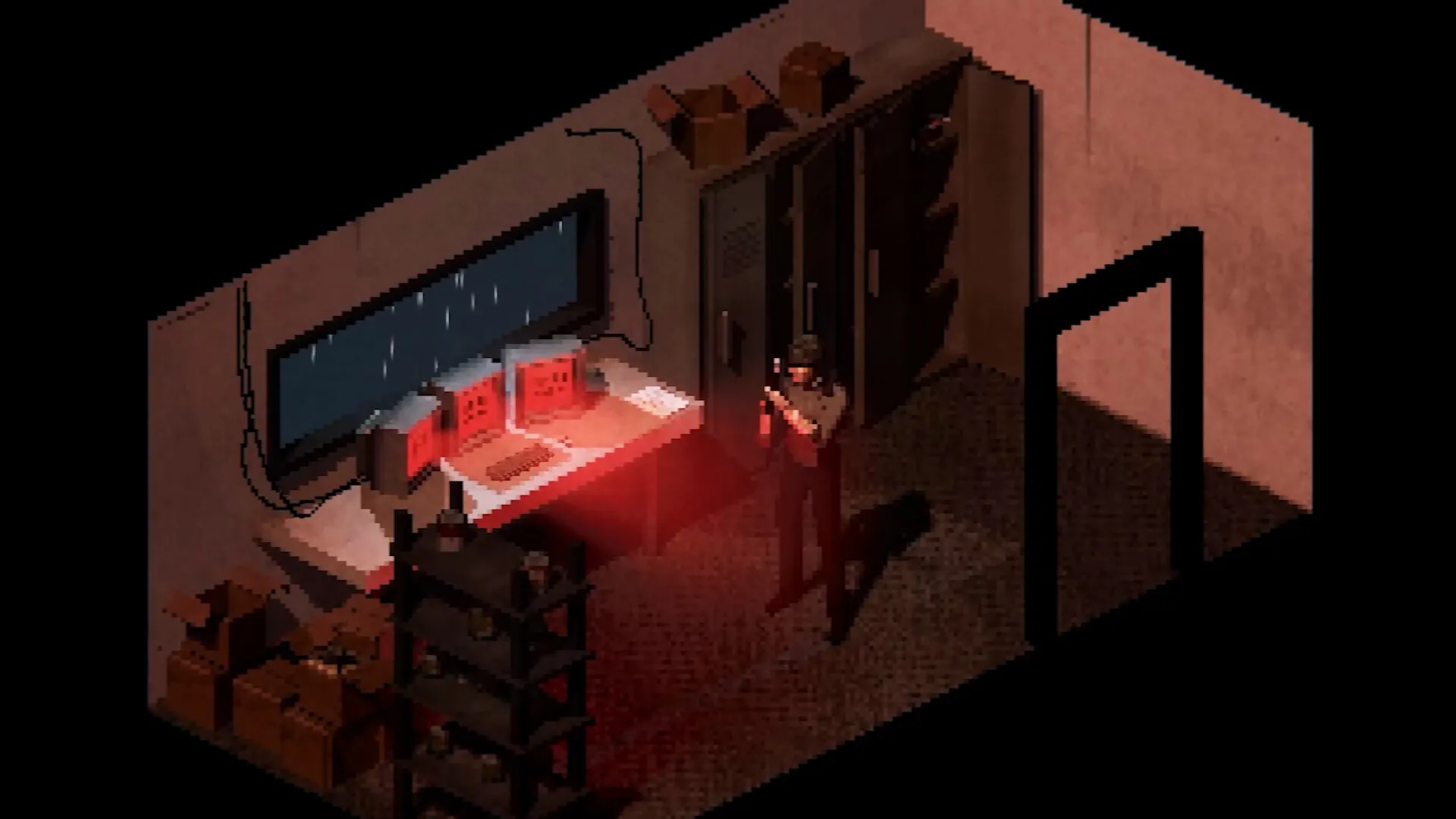 Scarlet Lake: Ben Murphy examines a dimly lit office with red monitors and shelves of boxes nearby.