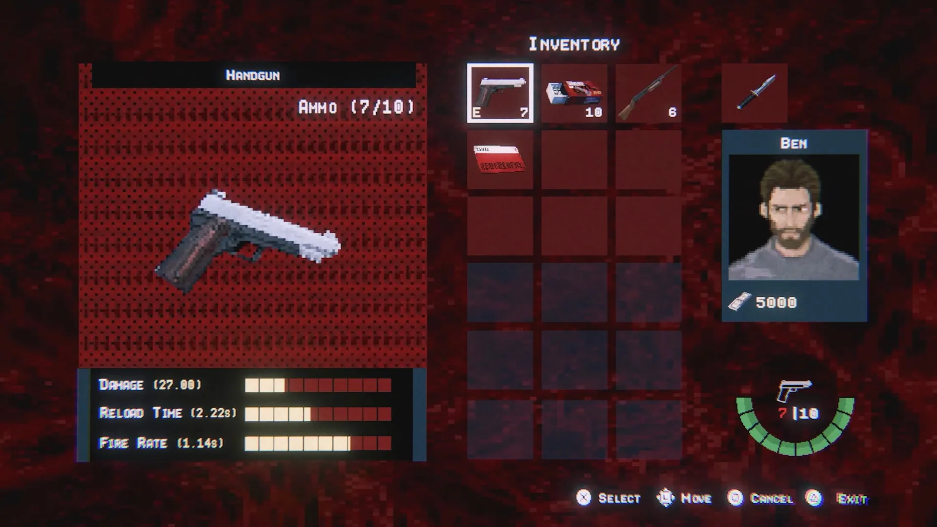 Scarlet Lake: Ben's inventory screen with handgun, ammo details, and character portrait in red UI