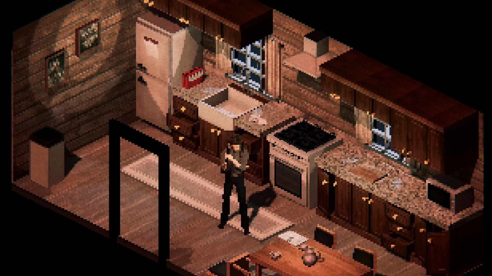 Scarlet Lake: Detective Ben Murphy explores a dimly lit kitchen with wooden cabinets and a fridge.