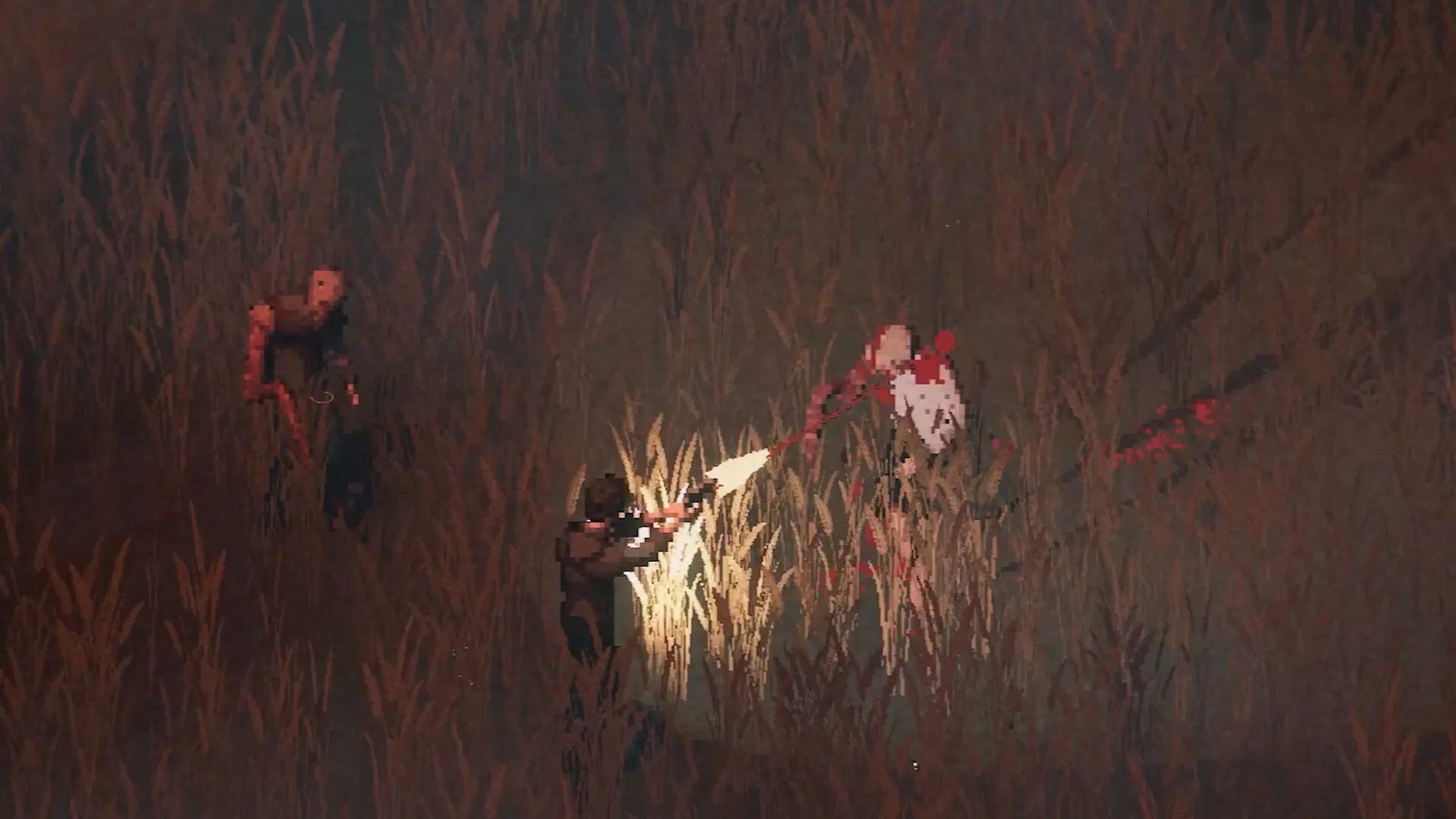 Scarlet Lake: Ben Murphy shooting at eerie creature in dense, dark grassland environment