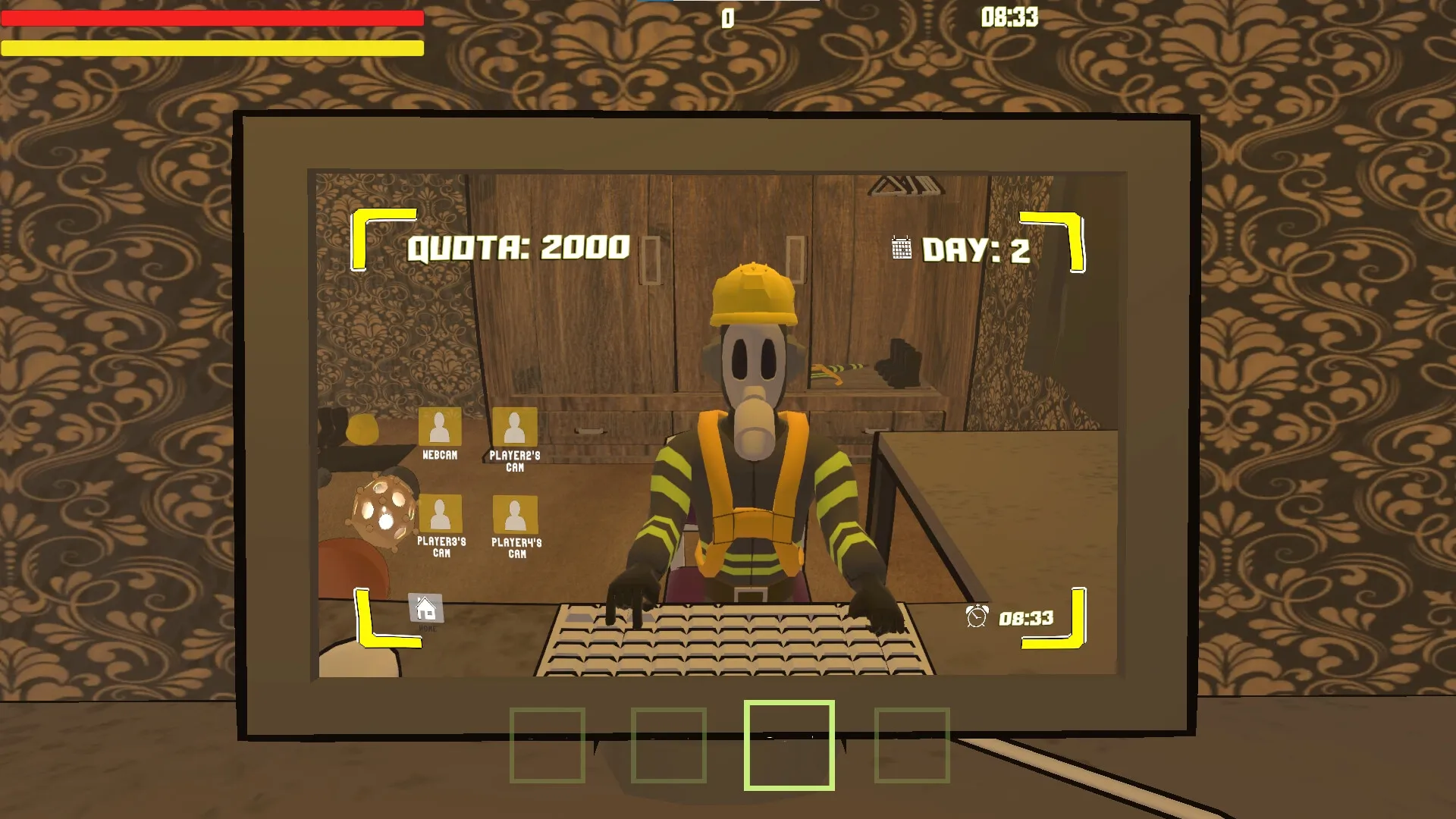 Scary Ferry: Player in gas mask typing at computer, surrounded by cameras in a dimly lit room.