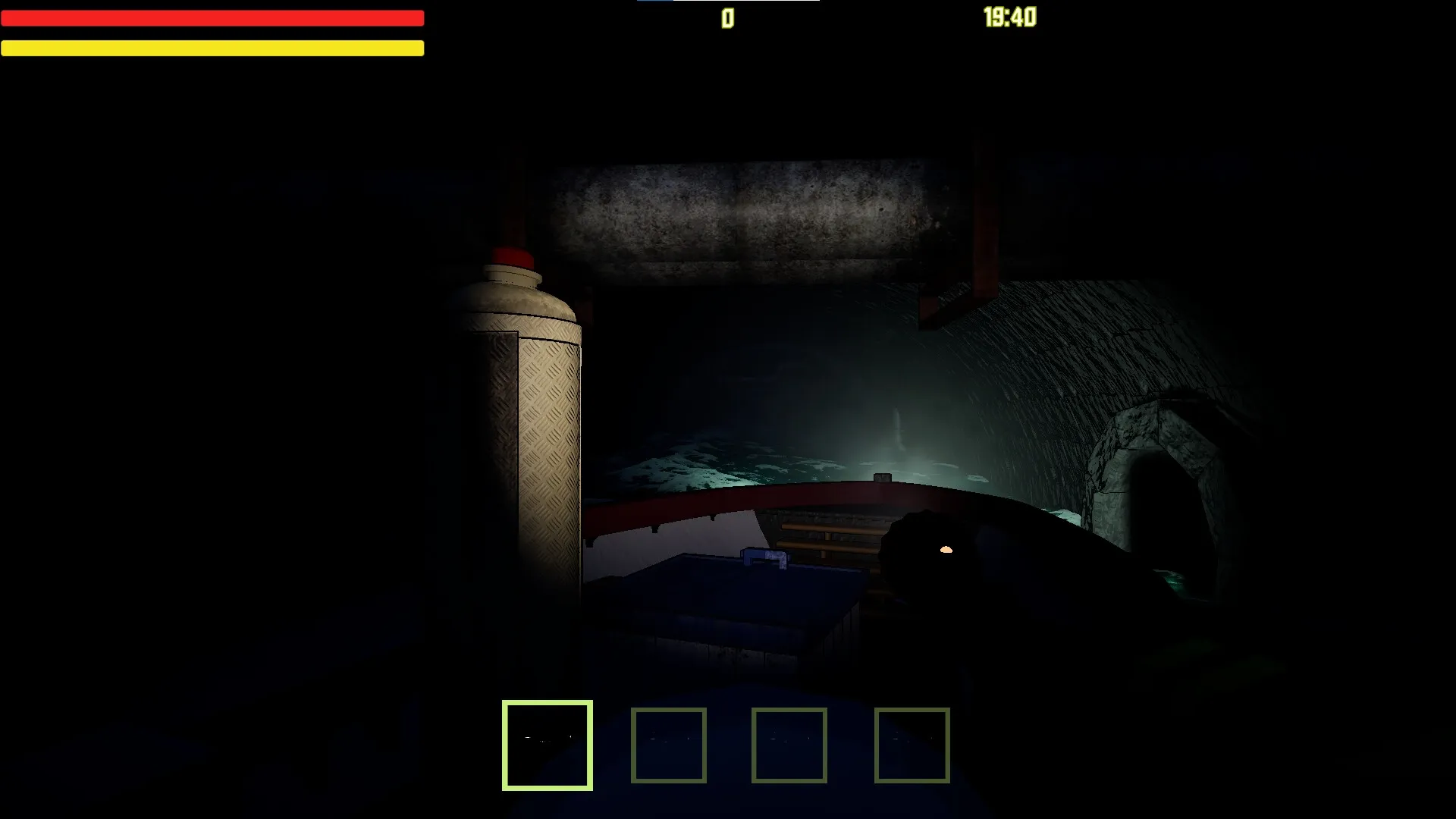 Scary Ferry: Player exploring dark tunnel on boat with health bars and empty inventory slots visible