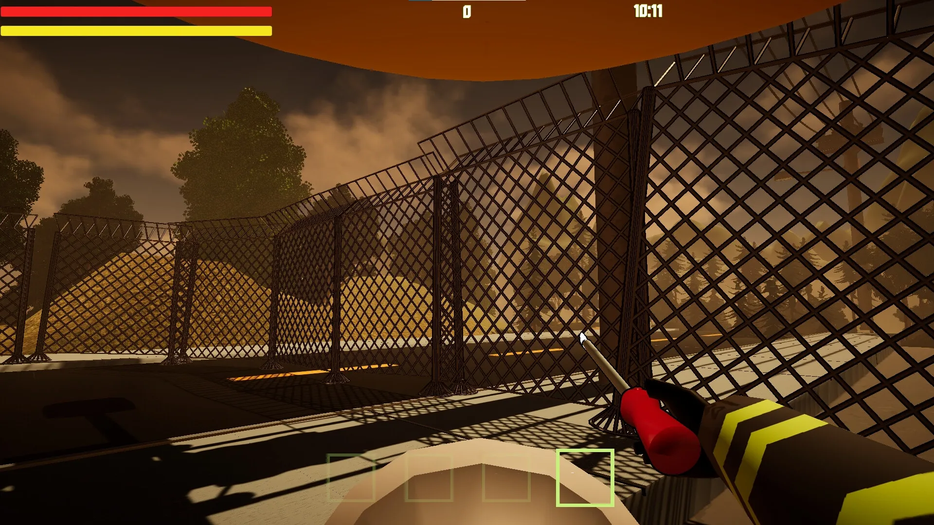 Scary Ferry: First-person view holding tool by a fence in a wooded area with health bar and timer visible.