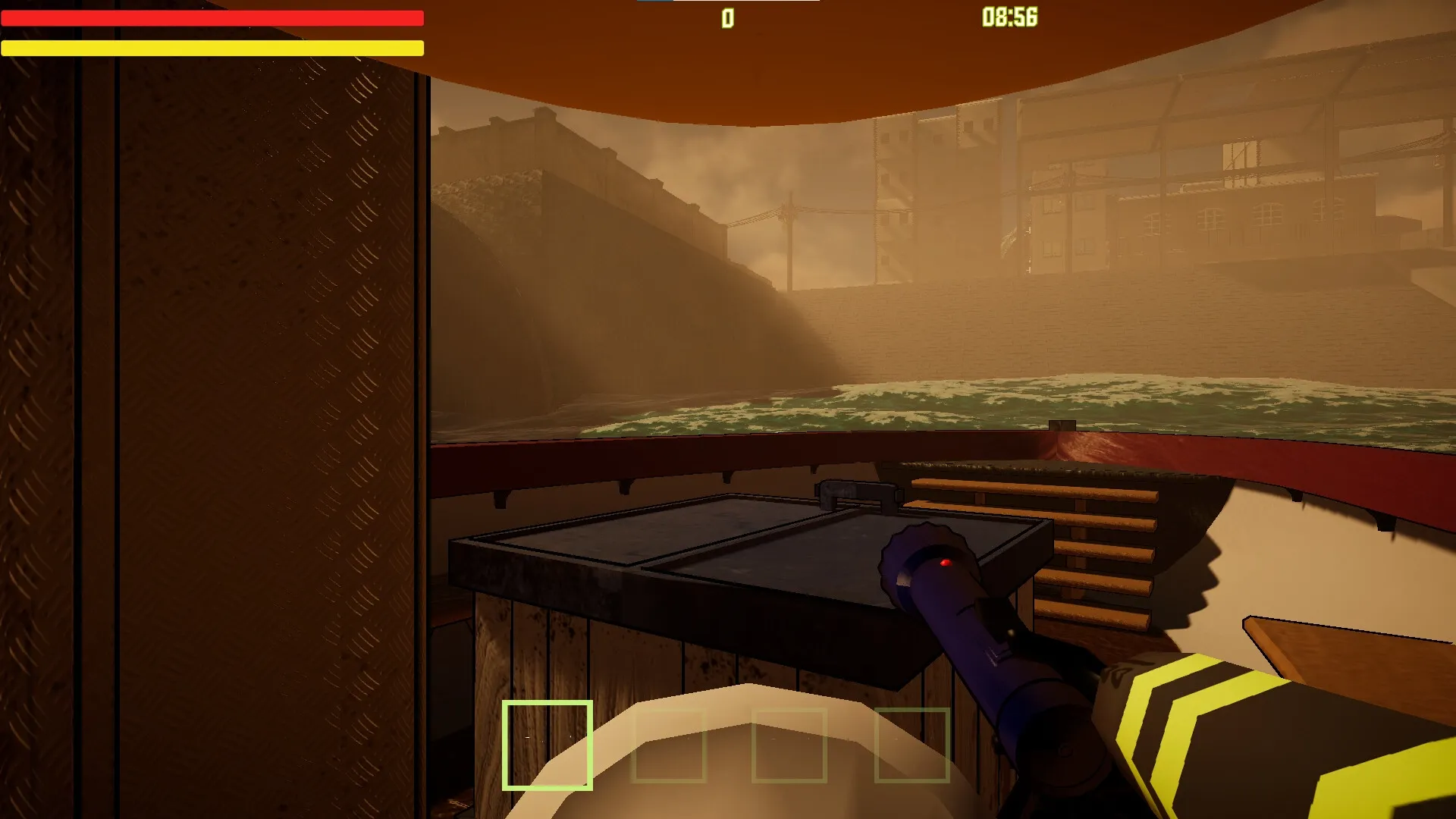Scary Ferry: First-person view with flashlight in foggy dock, health bars and timer displayed